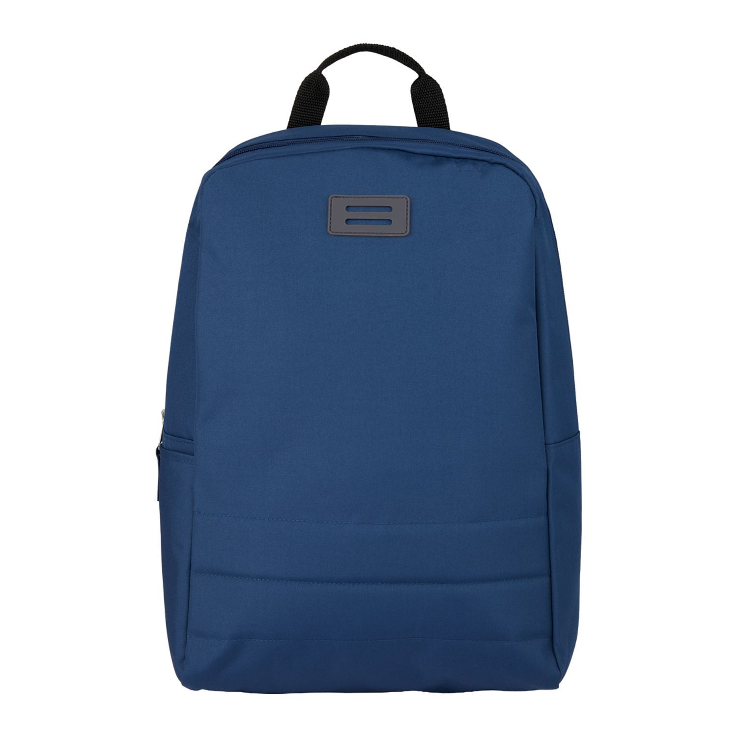 Navy recycled polyester computer backpack featuring a ripple-textured front panel, padded laptop compartment, side water bottle pocket, adjustable shoulder straps, and zippered main compartment.