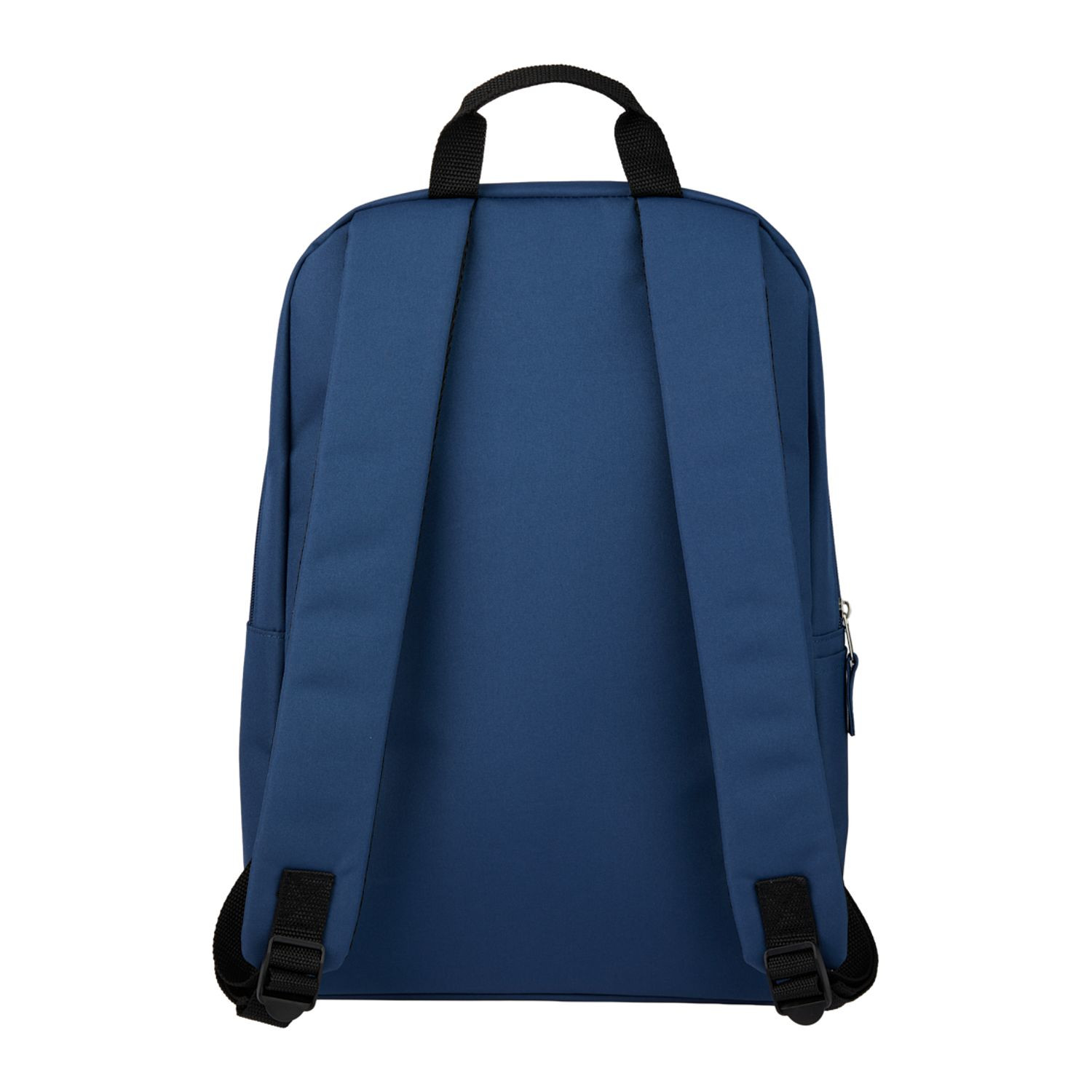 Navy recycled polyester computer backpack featuring a ripple-textured front panel, padded laptop compartment, side water bottle pocket, adjustable shoulder straps, and zippered main compartment.