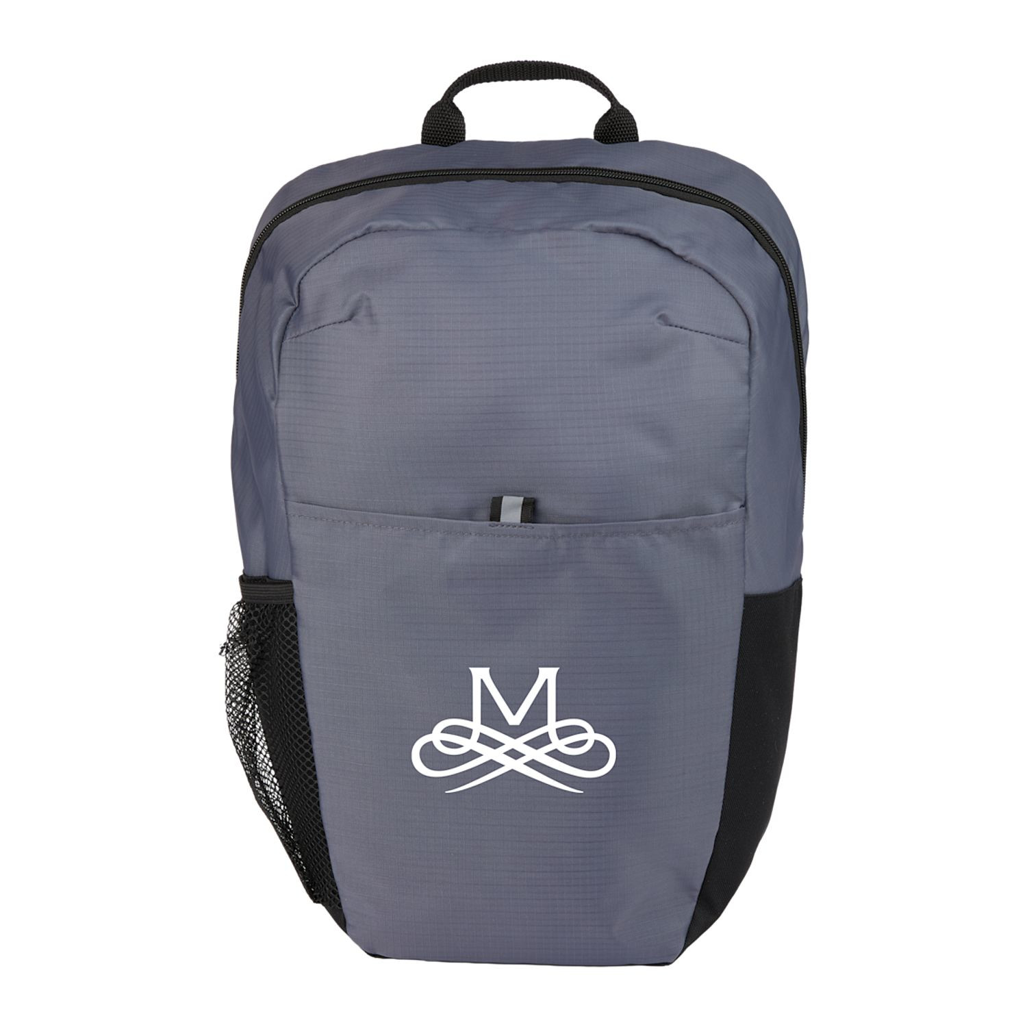 Gray recycled ripstop computer backpack featuring a padded laptop compartment, front organizational pocket, dual side water bottle pockets, padded back panel, and top grab handle.