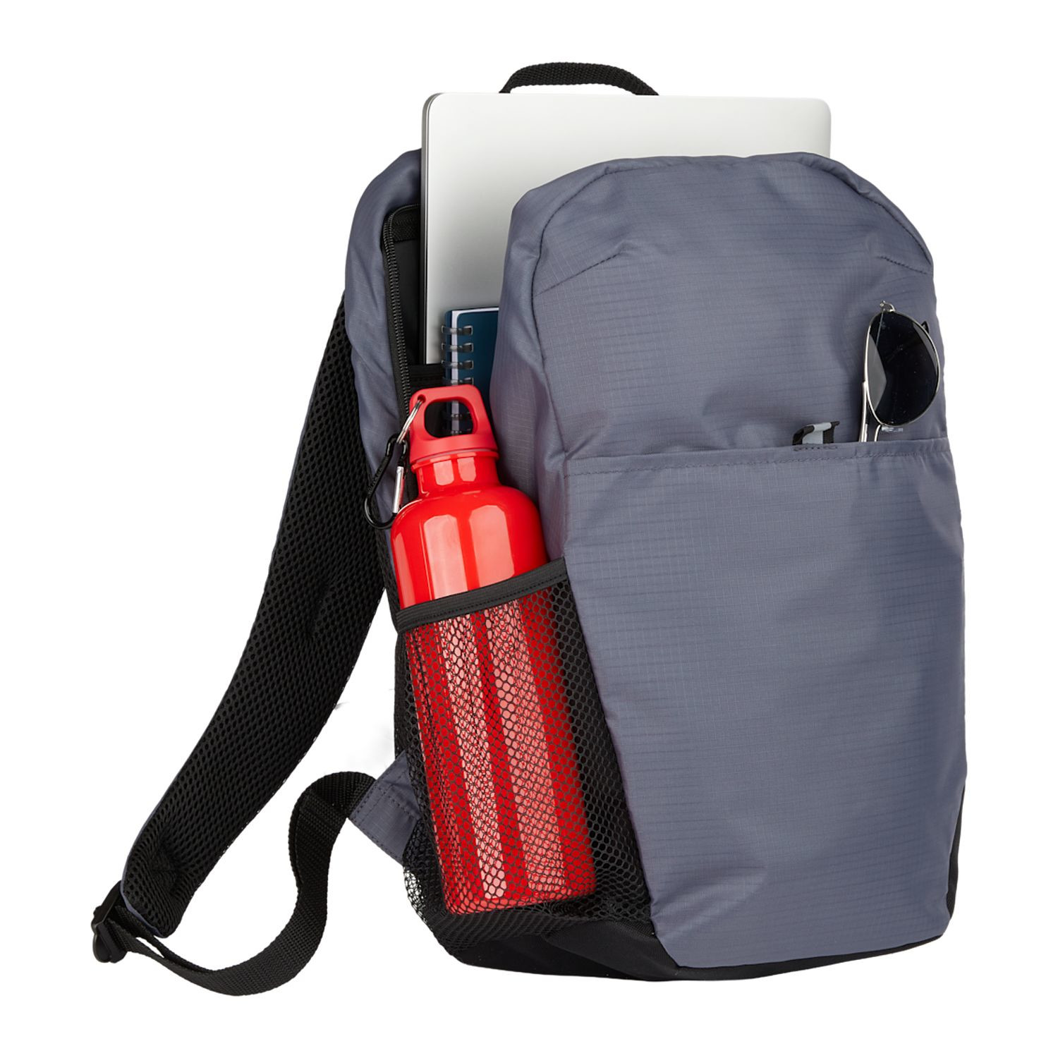 Gray recycled ripstop computer backpack featuring a padded laptop compartment, front organizational pocket, dual side water bottle pockets, padded back panel, and top grab handle.