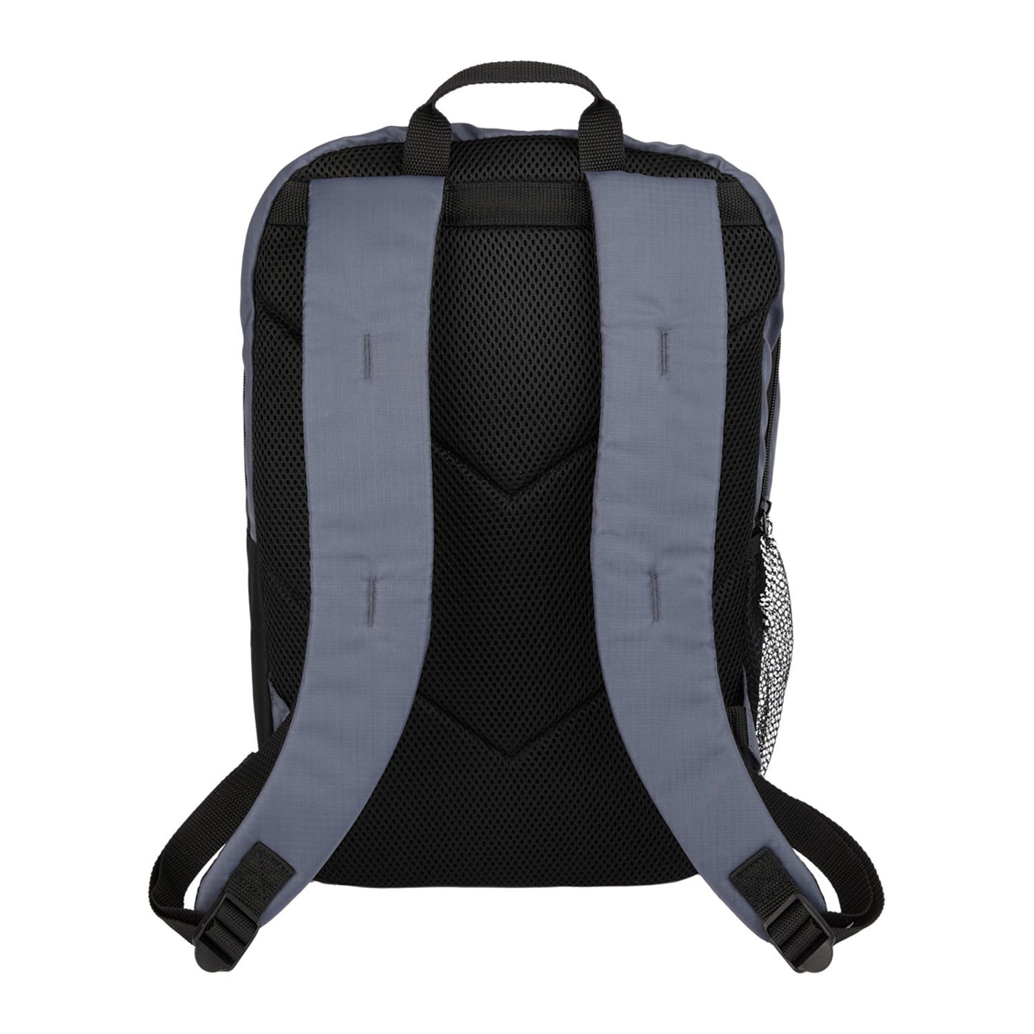 Gray recycled ripstop computer backpack featuring a padded laptop compartment, front organizational pocket, dual side water bottle pockets, padded back panel, and top grab handle.