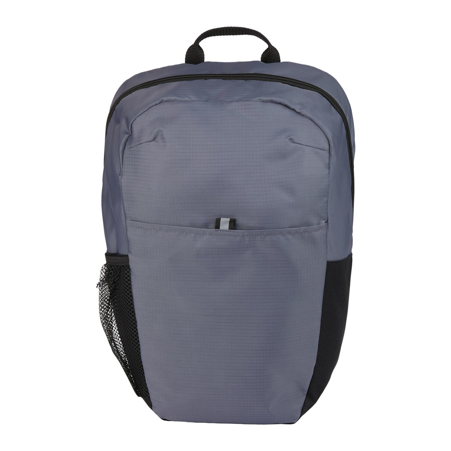 Gray recycled ripstop computer backpack featuring a padded laptop compartment, front organizational pocket, dual side water bottle pockets, padded back panel, and top grab handle.