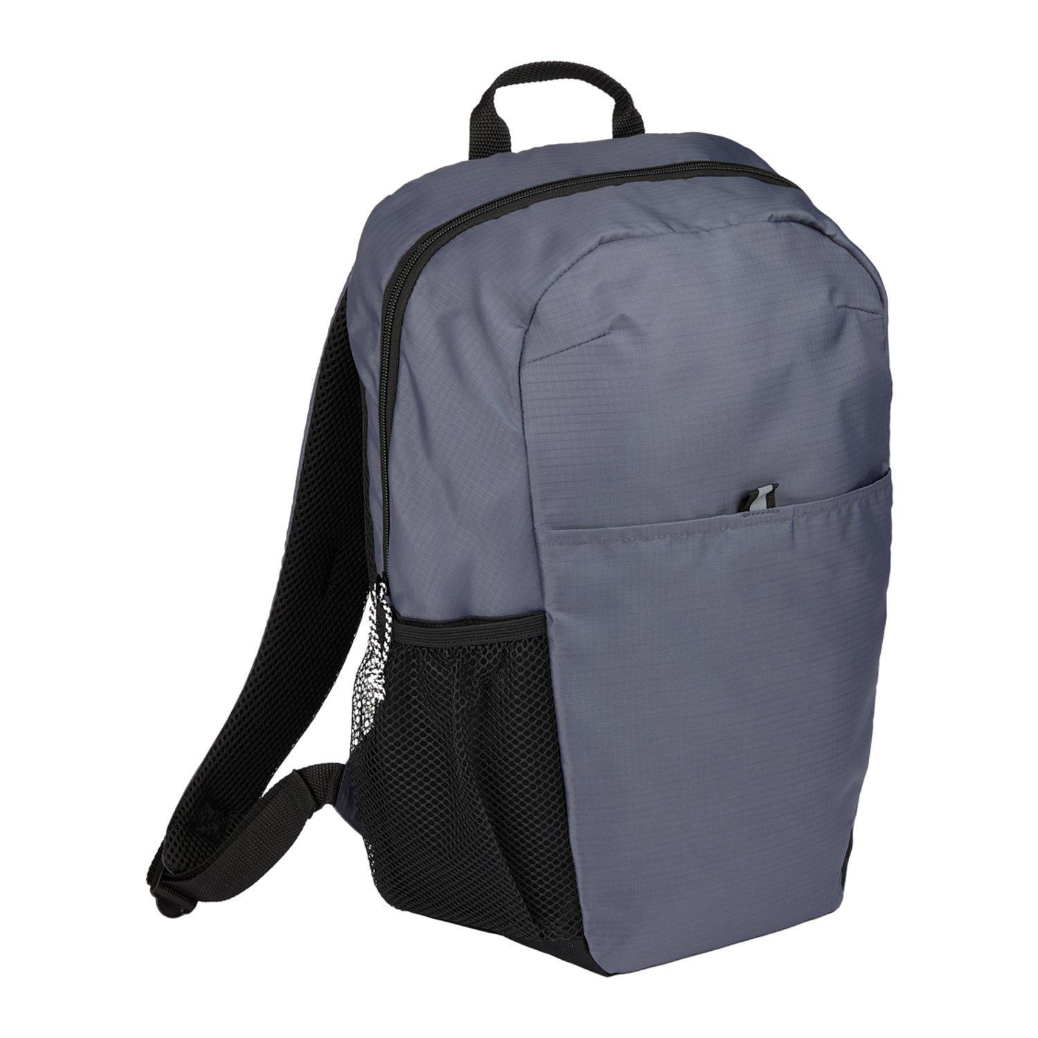 Gray recycled ripstop computer backpack featuring a padded laptop compartment, front organizational pocket, dual side water bottle pockets, padded back panel, and top grab handle.