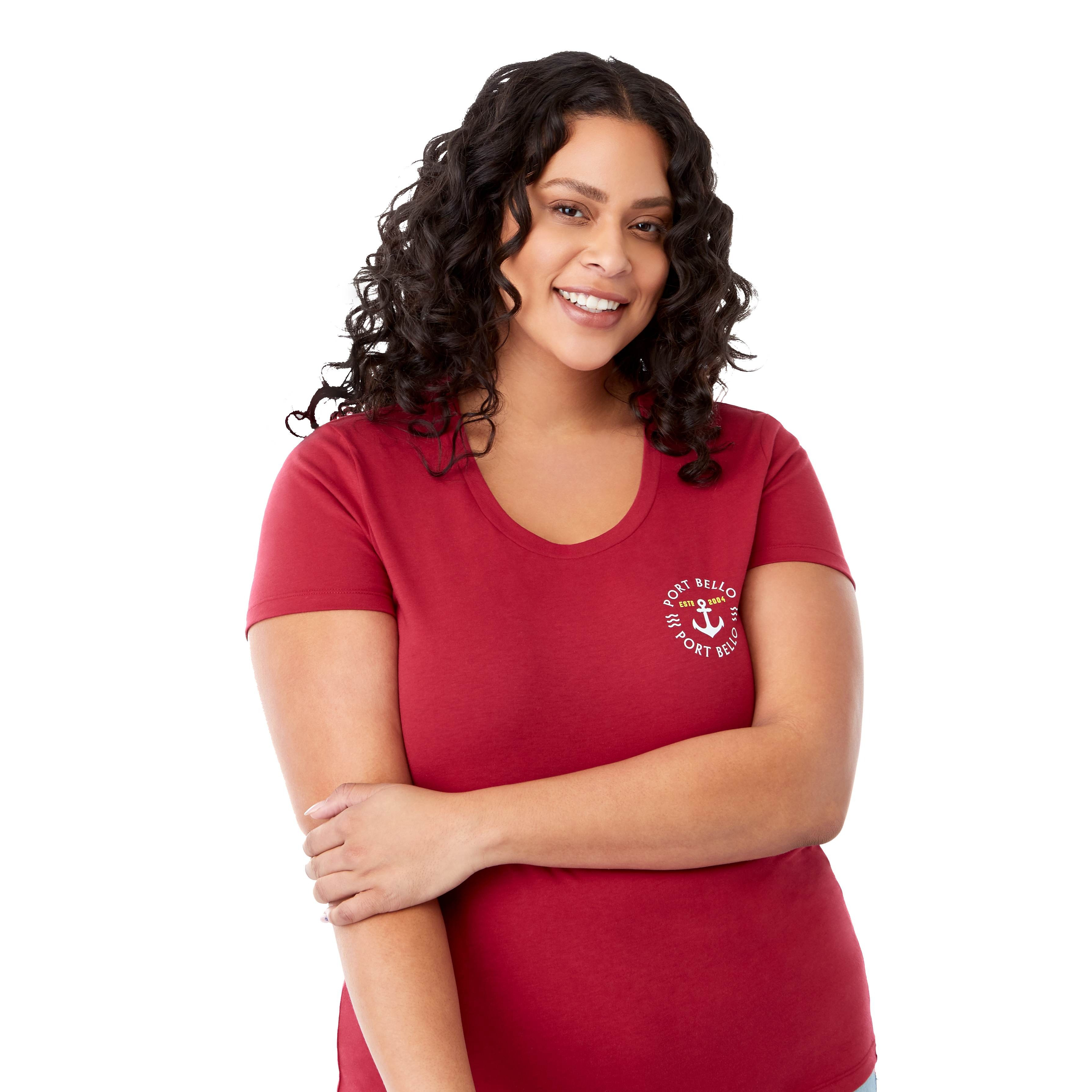 Vintage Red Women's Somoto Eco Short Sleeve Tee crew neck t-shirt with short sleeves and lightweight recycled poly-cotton fabric. Eco-friendly casual apparel suitable for outdoor wear, team uniforms, employee apparel, and custom branded promotions.
