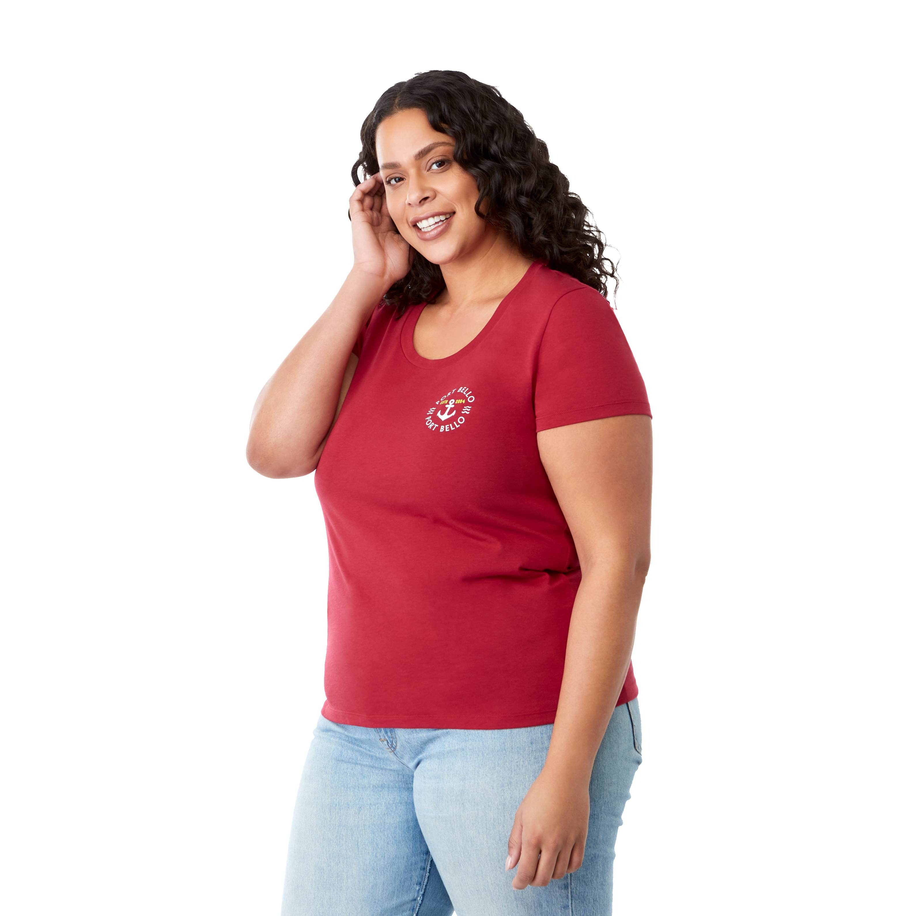Vintage Red Women's Somoto Eco Short Sleeve Tee crew neck t-shirt with short sleeves and lightweight recycled poly-cotton fabric. Eco-friendly casual apparel suitable for outdoor wear, team uniforms, employee apparel, and custom branded promotions.