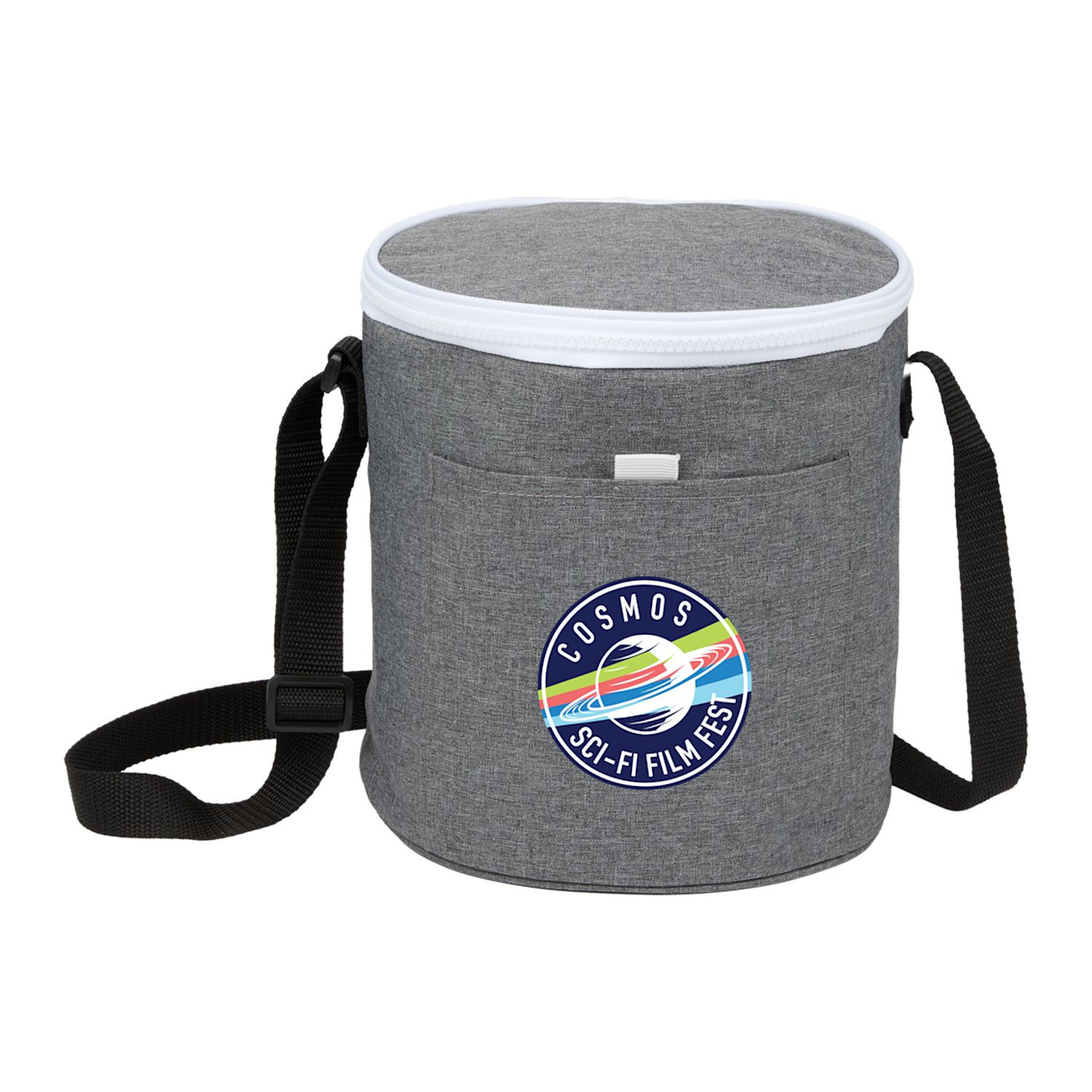 Graphite round recycled polyester cooler bag with foil-lined interior, front pocket, and adjustable shoulder strap designed for carrying drinks and snacks.