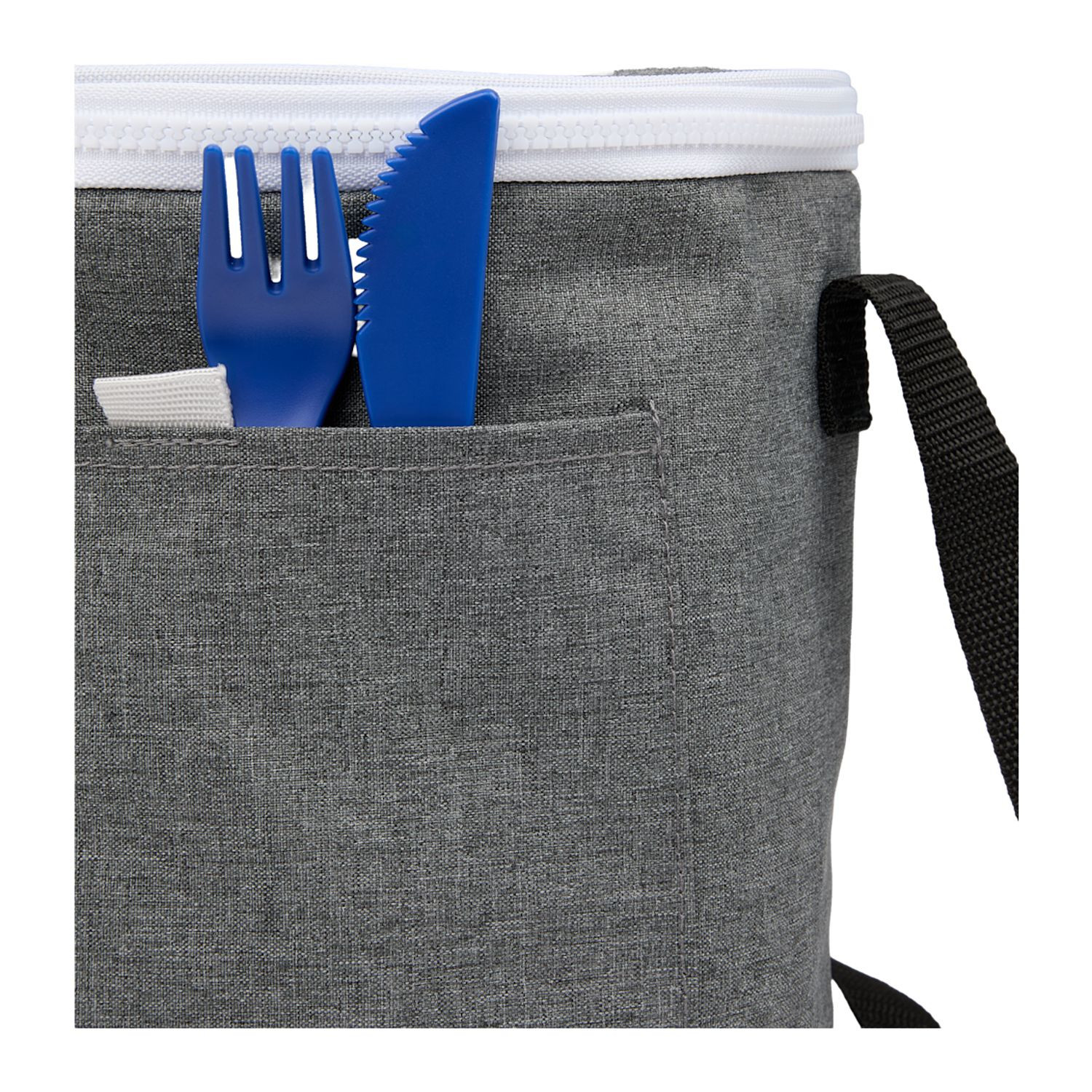 Graphite round recycled polyester cooler bag with foil-lined interior, front pocket, and adjustable shoulder strap designed for carrying drinks and snacks.