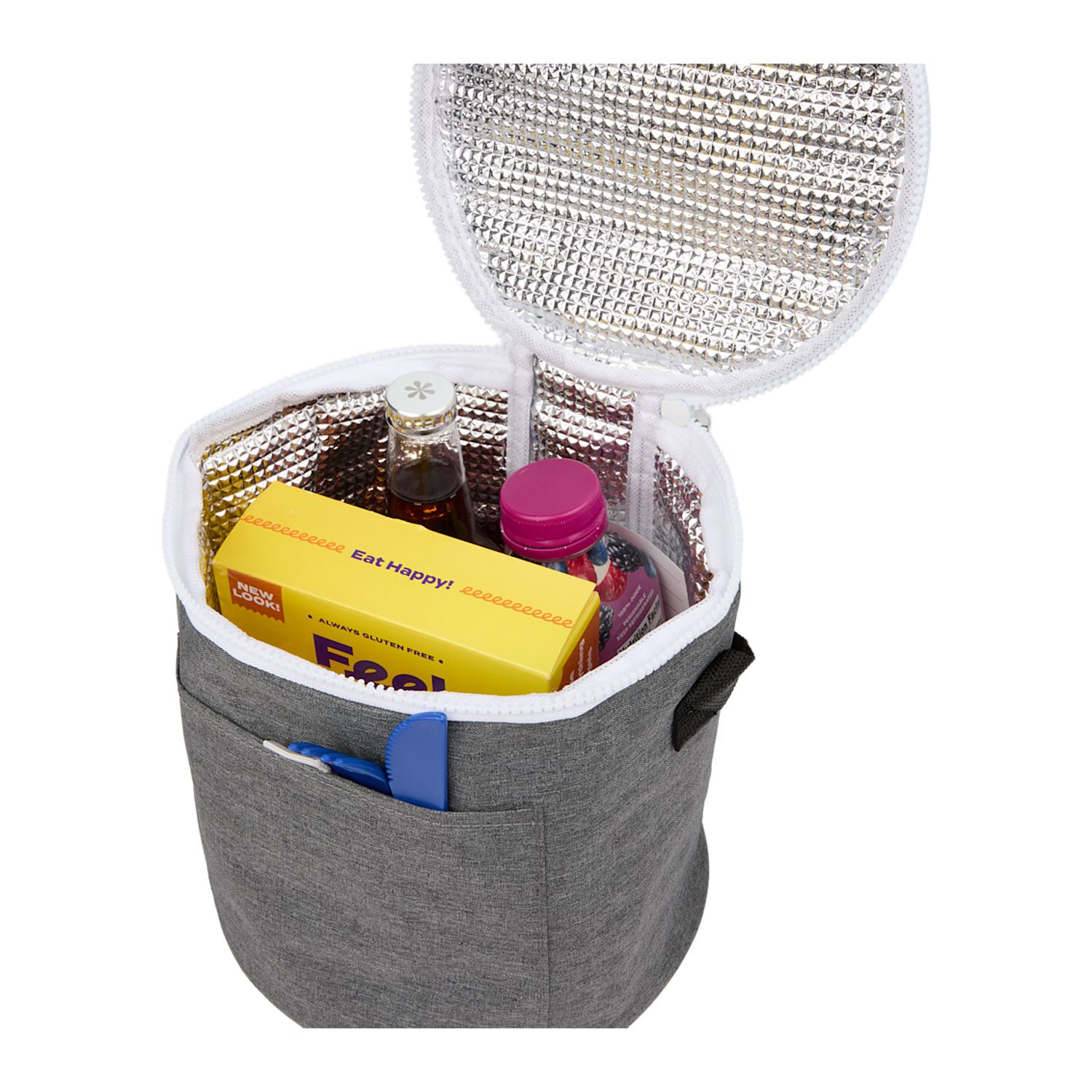 Graphite round recycled polyester cooler bag with foil-lined interior, front pocket, and adjustable shoulder strap designed for carrying drinks and snacks.