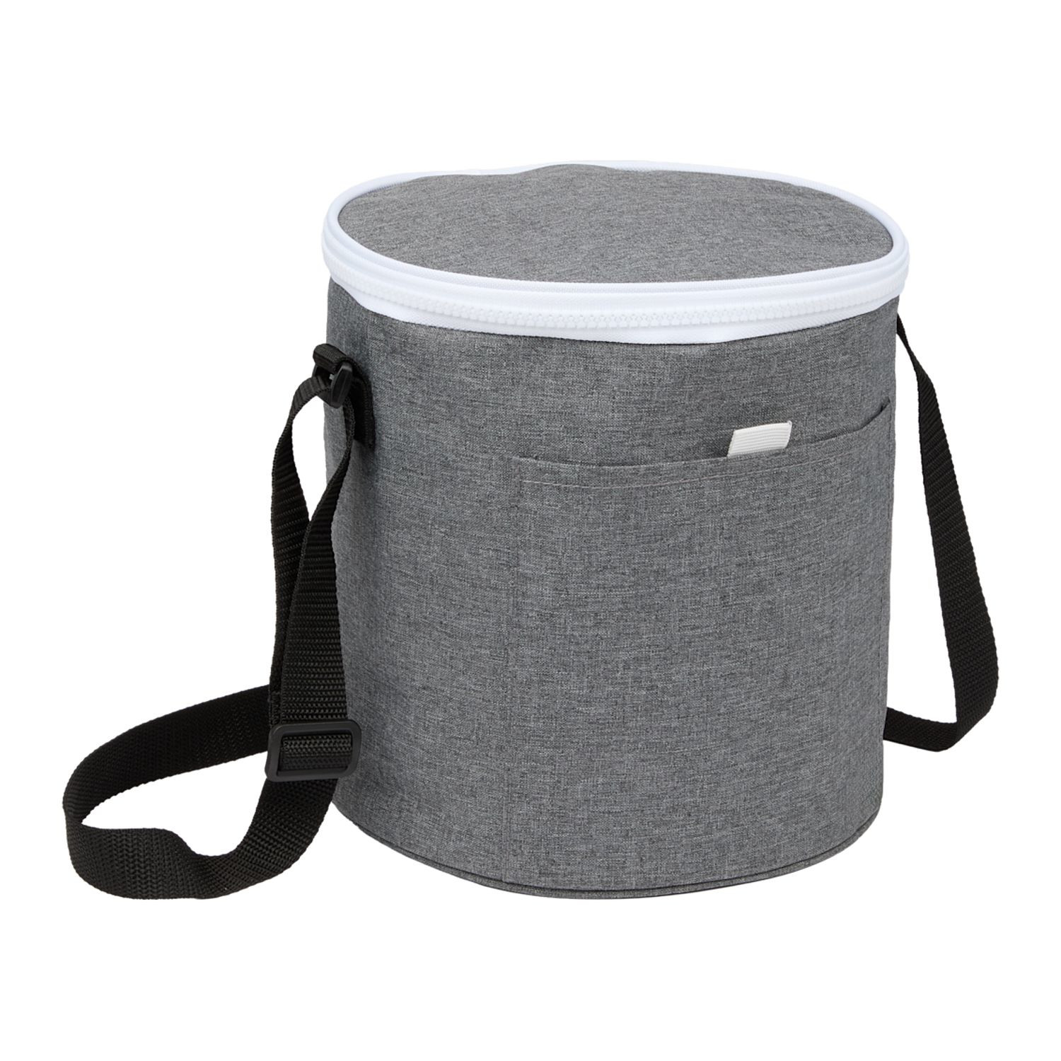 Graphite round recycled polyester cooler bag with foil-lined interior, front pocket, and adjustable shoulder strap designed for carrying drinks and snacks.