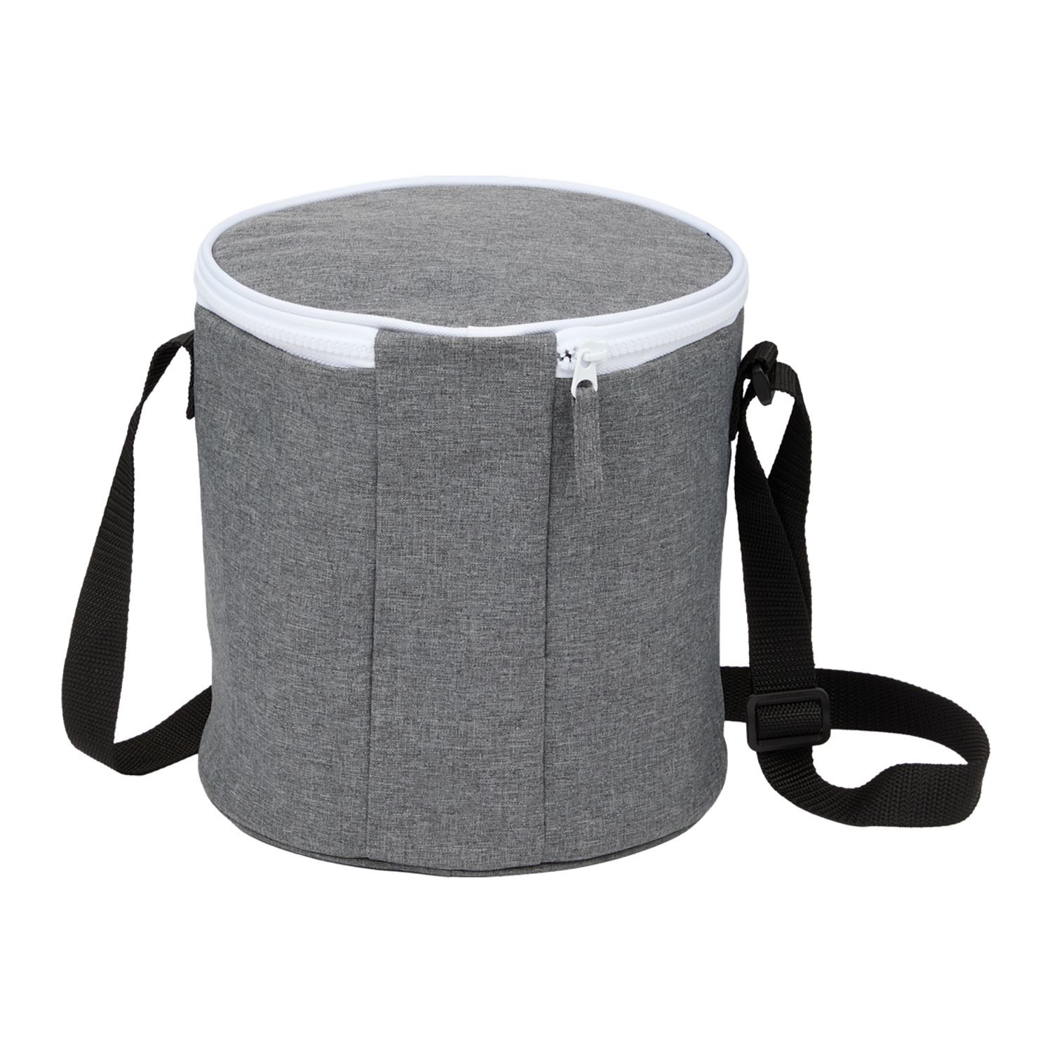 Graphite round recycled polyester cooler bag with foil-lined interior, front pocket, and adjustable shoulder strap designed for carrying drinks and snacks.