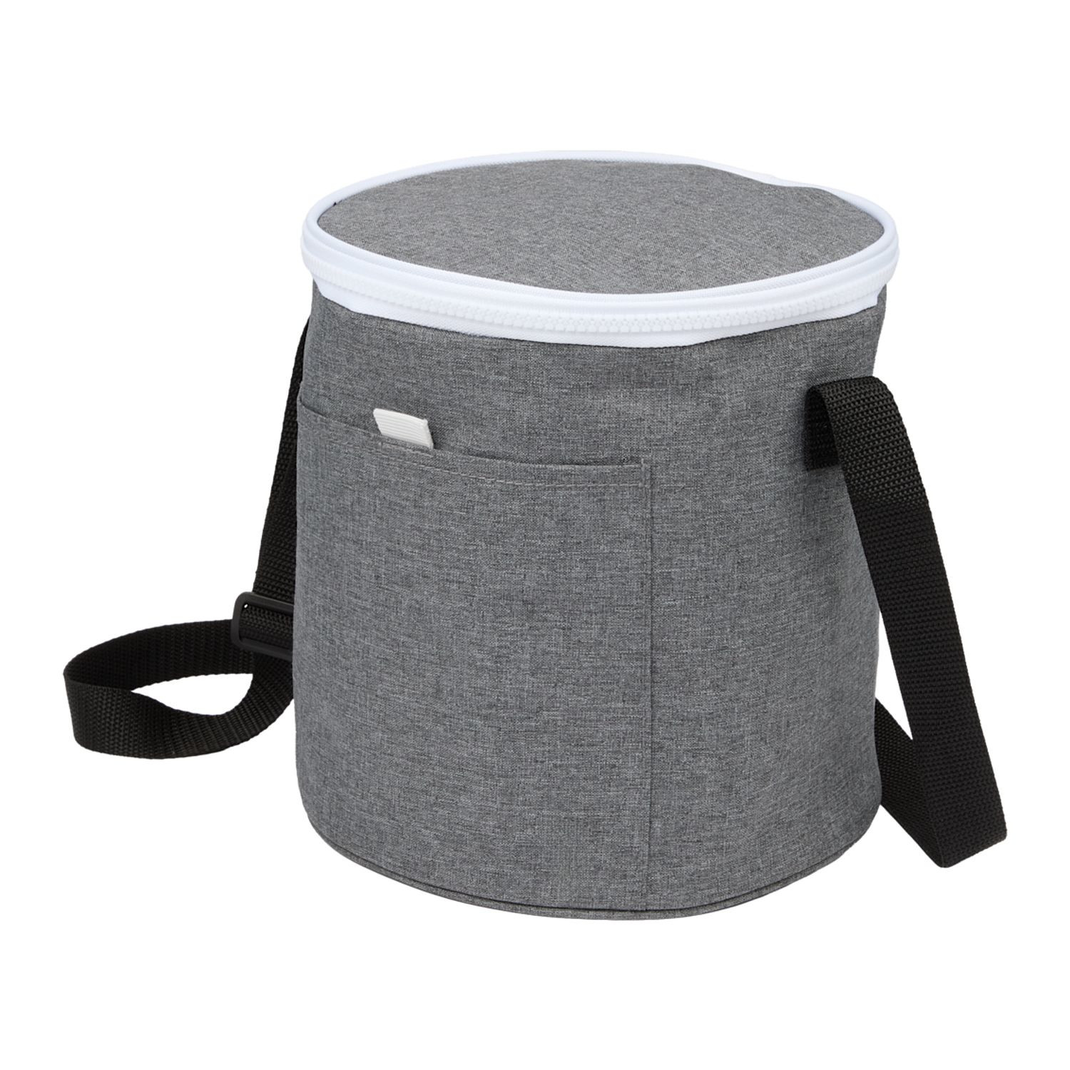 Graphite round recycled polyester cooler bag with foil-lined interior, front pocket, and adjustable shoulder strap designed for carrying drinks and snacks.
