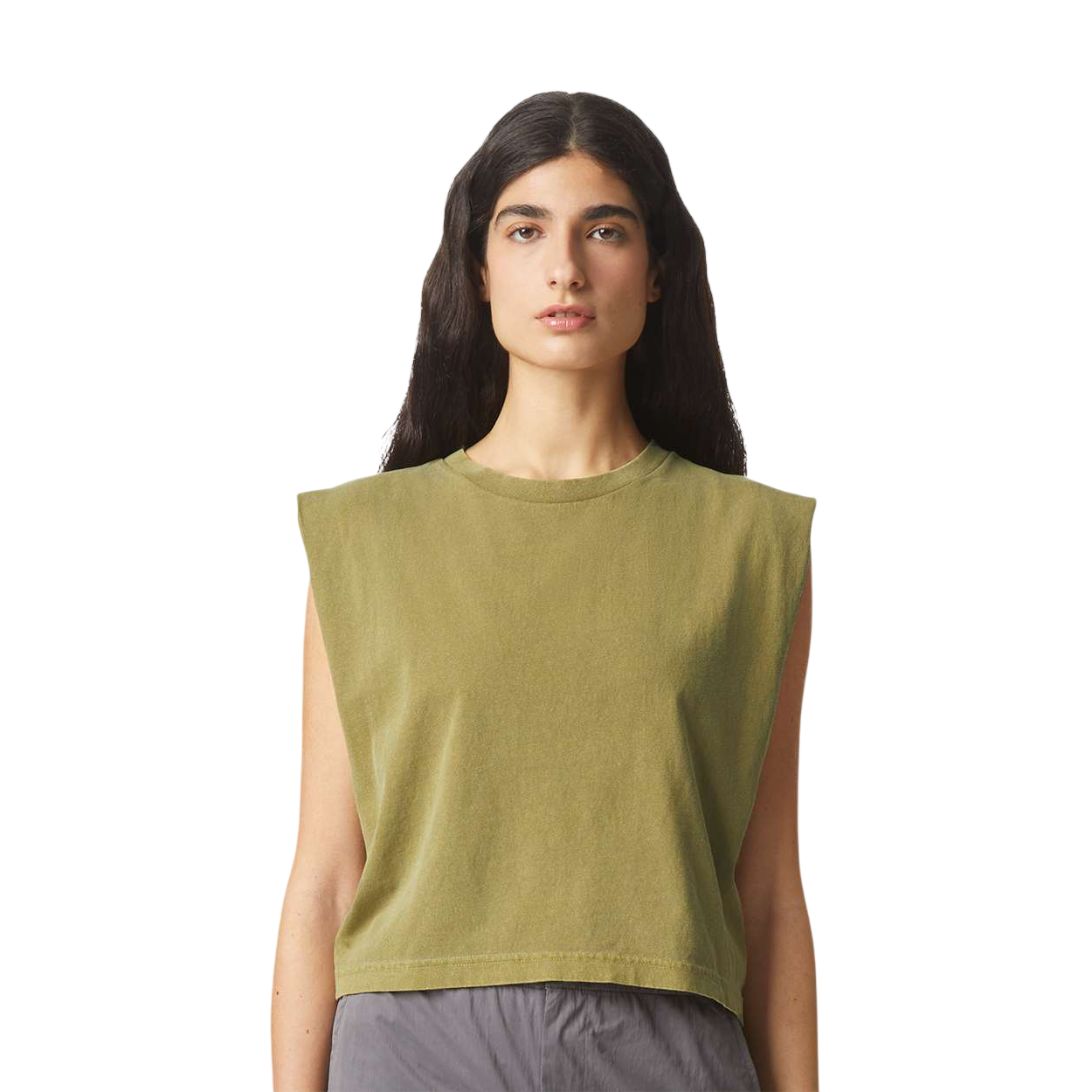 Faded Army American Apparel Women's Garment-Dyed Heavyweight Muscle Tee, heavyweight 100% cotton muscle t-shirt with a boxy mid-length fit, wide rib collar, structured shoulders, and garment-dyed vintage wash for everyday wear and customization.