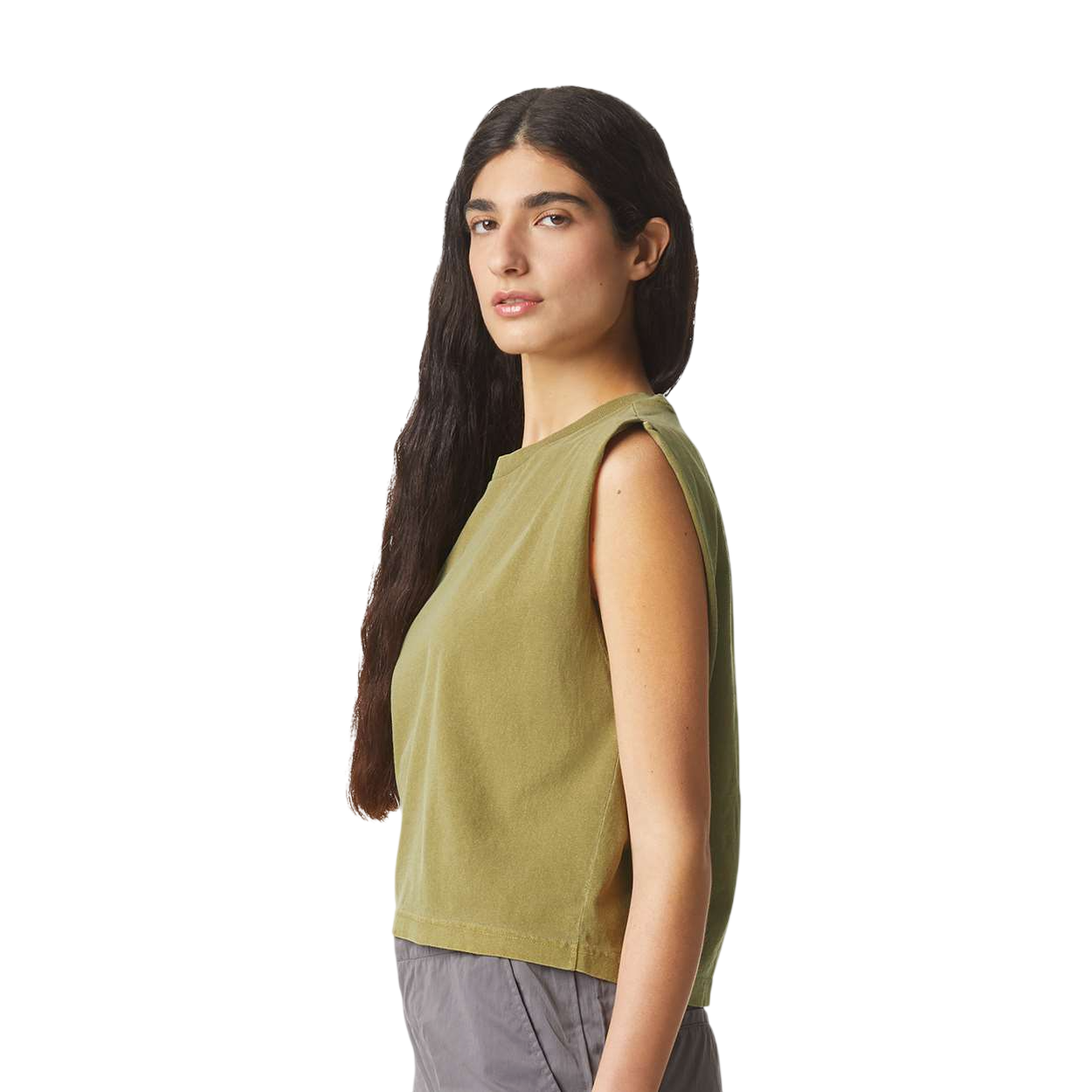 Faded Army American Apparel Women's Garment-Dyed Heavyweight Muscle Tee, heavyweight 100% cotton muscle t-shirt with a boxy mid-length fit, wide rib collar, structured shoulders, and garment-dyed vintage wash for everyday wear and customization.