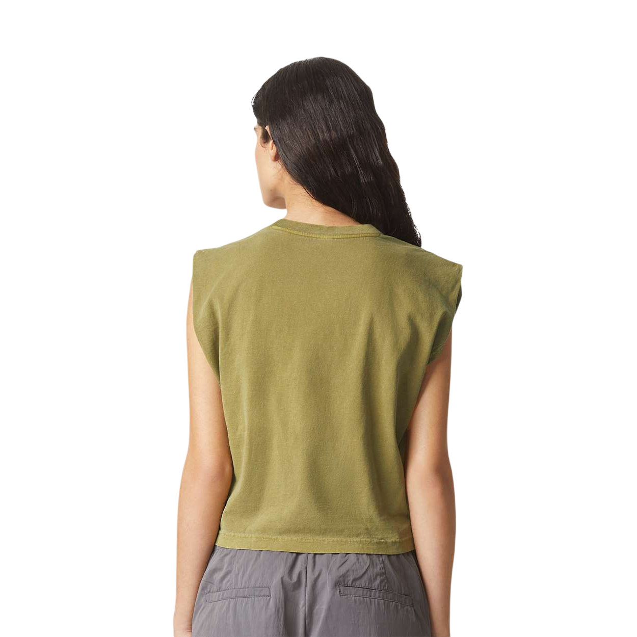 Faded Army American Apparel Women's Garment-Dyed Heavyweight Muscle Tee, heavyweight 100% cotton muscle t-shirt with a boxy mid-length fit, wide rib collar, structured shoulders, and garment-dyed vintage wash for everyday wear and customization.