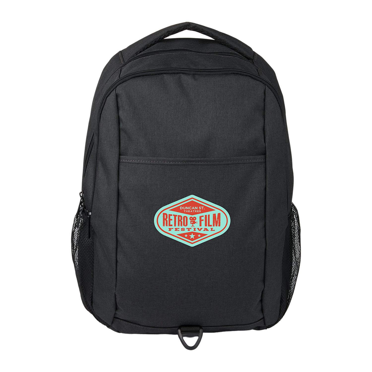 Charcoal recycled polyester backpack featuring dual zippered compartments, front hook-and-loop pocket, side mesh bottle pockets, trolley sleeve, AirTag pocket, and laptop storage compartment.