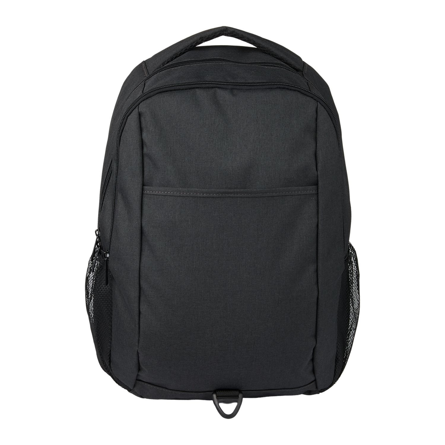 Charcoal recycled polyester backpack featuring dual zippered compartments, front hook-and-loop pocket, side mesh bottle pockets, trolley sleeve, AirTag pocket, and laptop storage compartment.