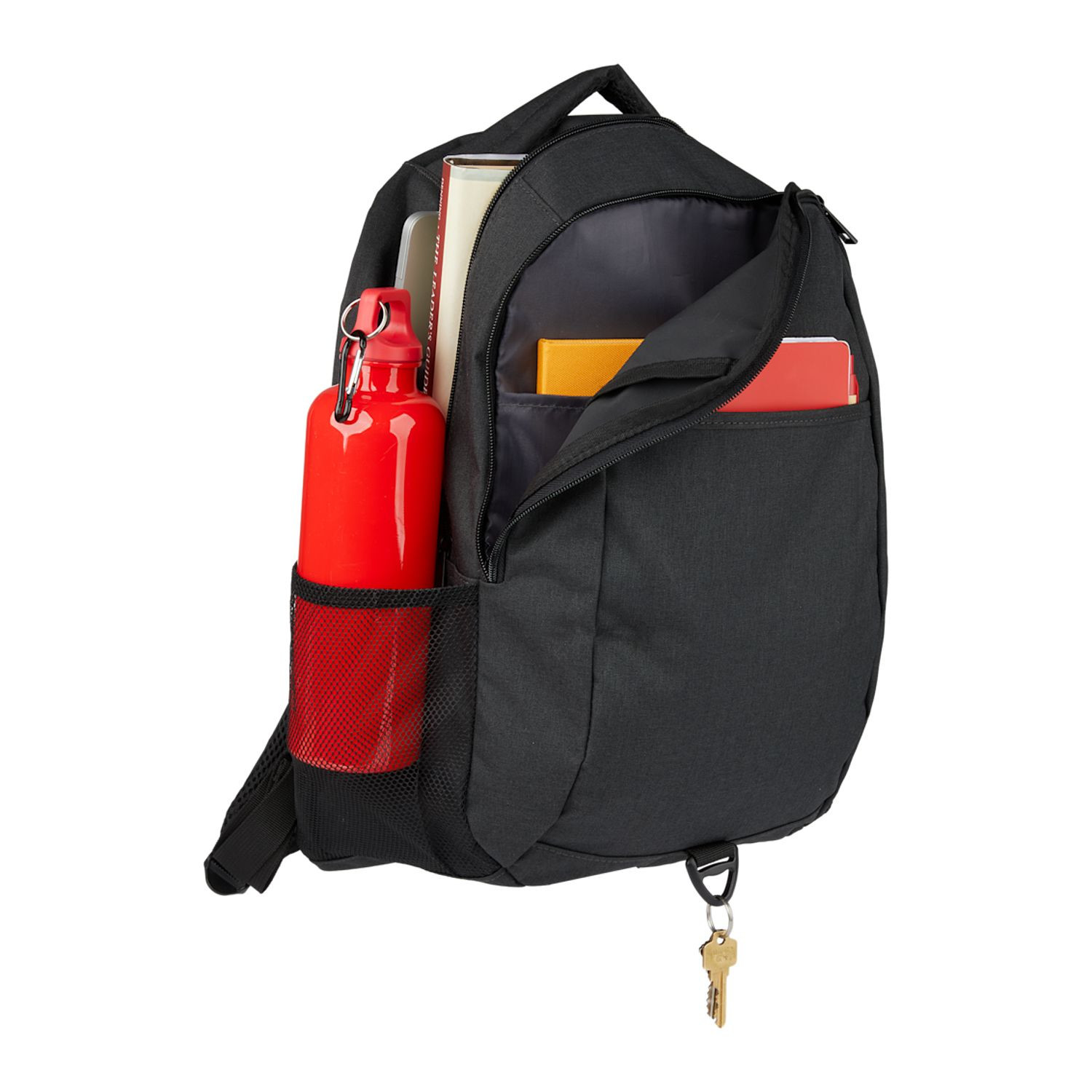 Charcoal recycled polyester backpack featuring dual zippered compartments, front hook-and-loop pocket, side mesh bottle pockets, trolley sleeve, AirTag pocket, and laptop storage compartment.