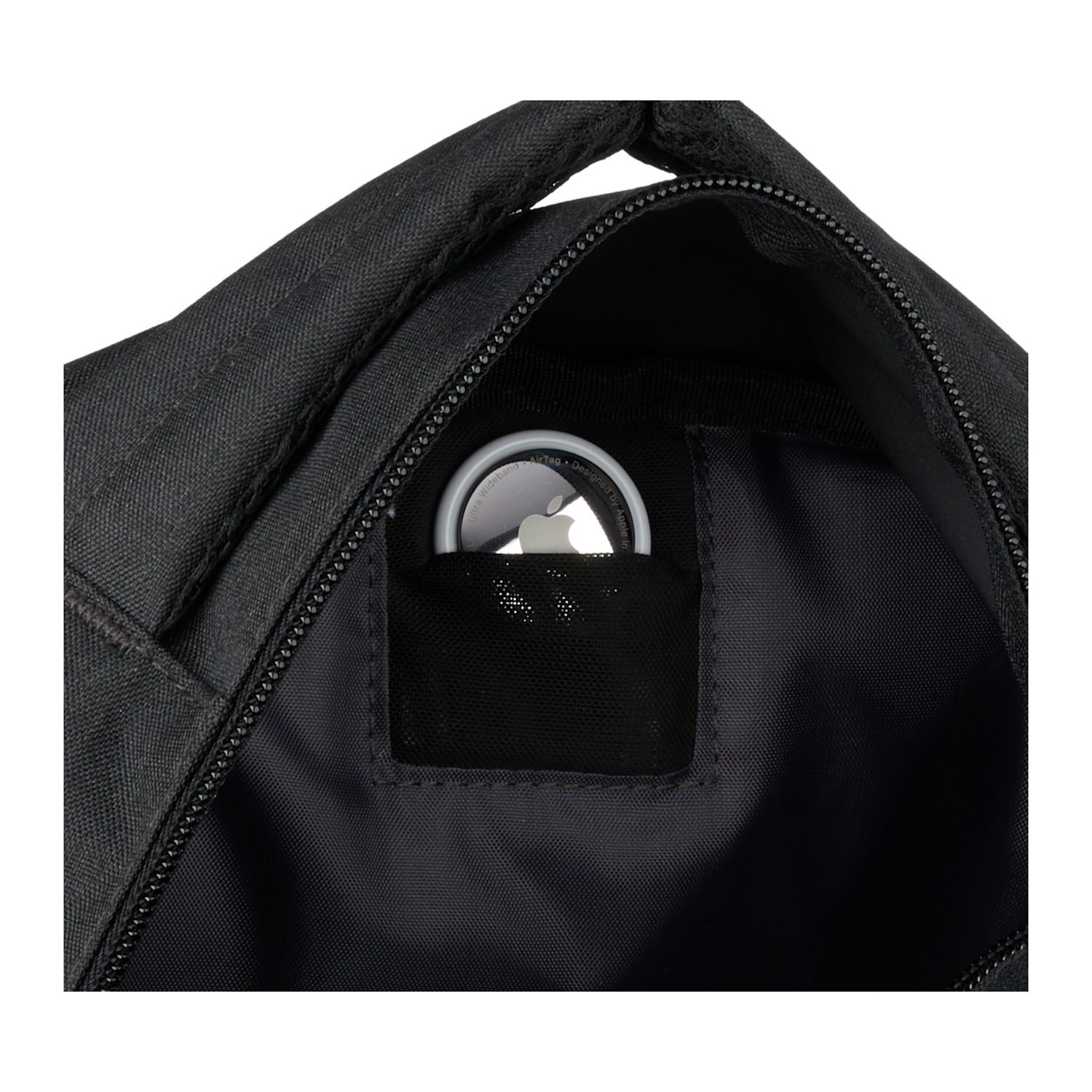 Charcoal recycled polyester backpack featuring dual zippered compartments, front hook-and-loop pocket, side mesh bottle pockets, trolley sleeve, AirTag pocket, and laptop storage compartment.