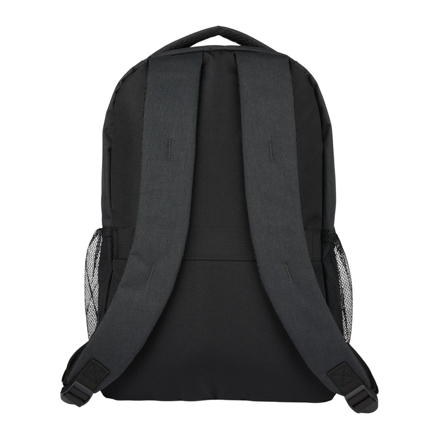Charcoal recycled polyester backpack featuring dual zippered compartments, front hook-and-loop pocket, side mesh bottle pockets, trolley sleeve, AirTag pocket, and laptop storage compartment.