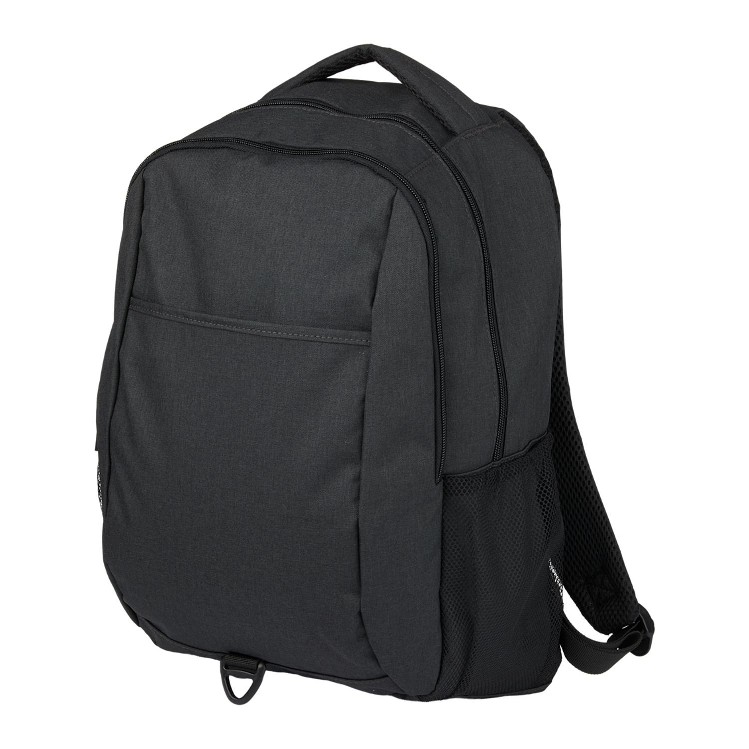 Charcoal recycled polyester backpack featuring dual zippered compartments, front hook-and-loop pocket, side mesh bottle pockets, trolley sleeve, AirTag pocket, and laptop storage compartment.