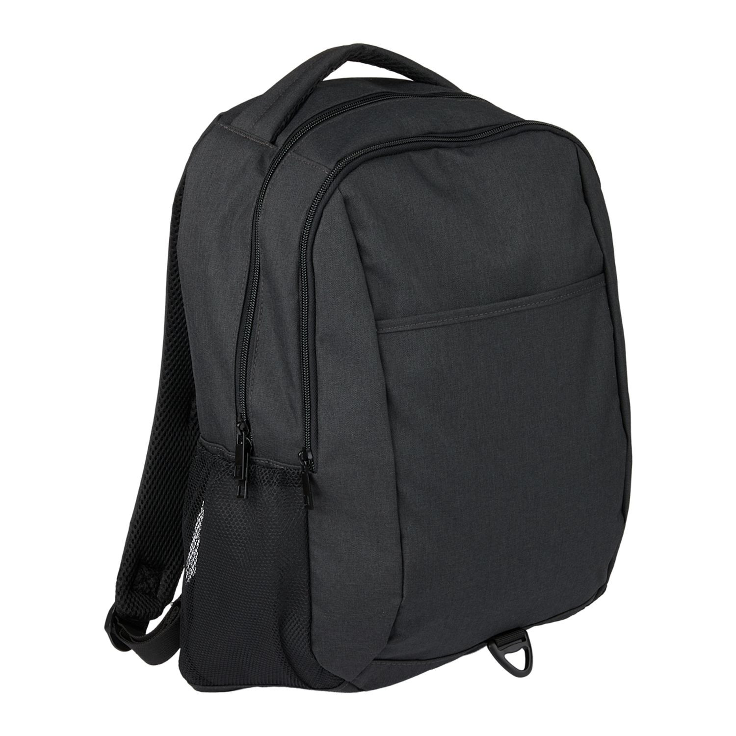 Charcoal recycled polyester backpack featuring dual zippered compartments, front hook-and-loop pocket, side mesh bottle pockets, trolley sleeve, AirTag pocket, and laptop storage compartment.