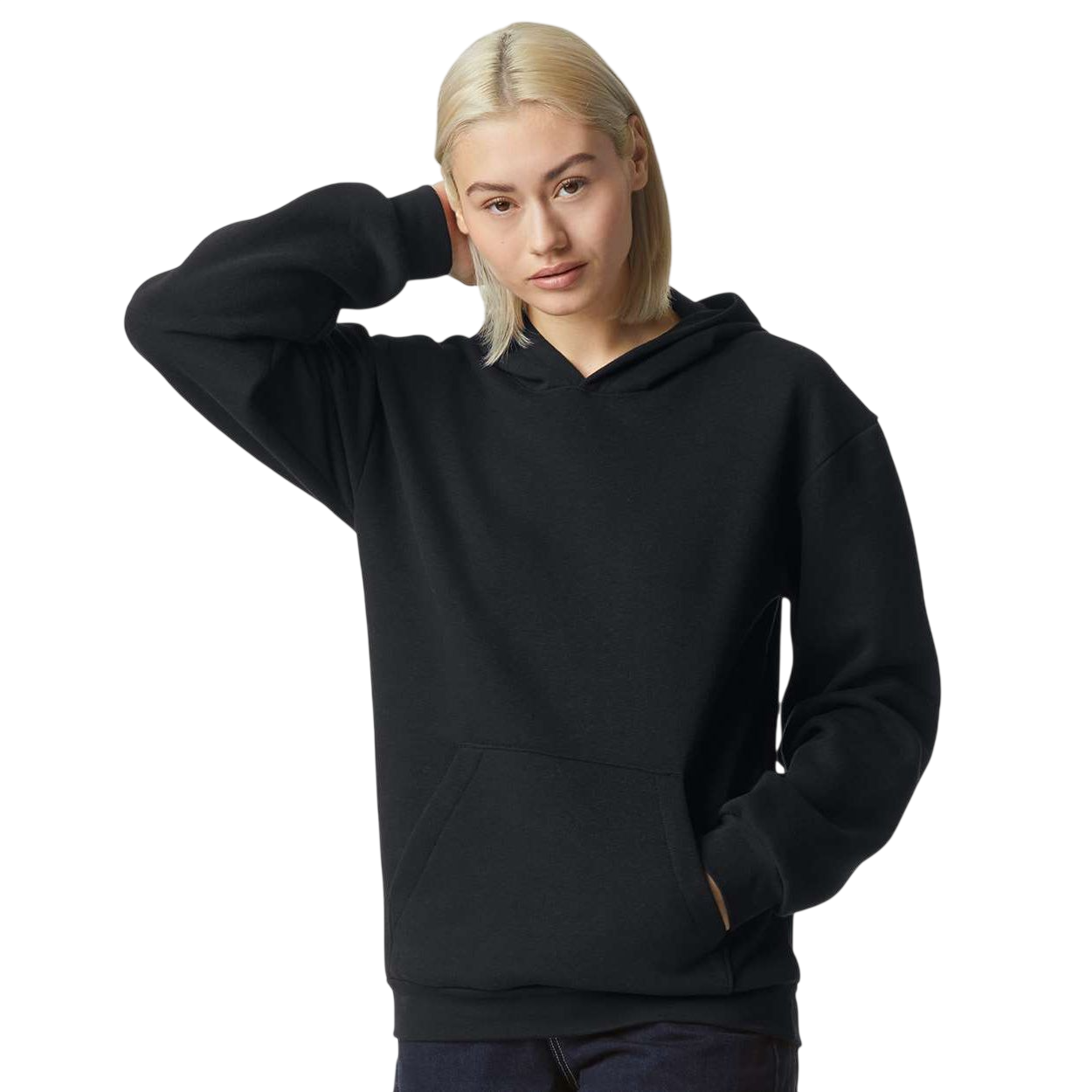 Black Unisex ReFlex Fleece Hoodie Sweatshirt, made from a soft 70/30 combed ring-spun cotton and recycled polyester blend, featuring a relaxed fit, drawcord-free unlined hood, oversized front pouch pocket, ribbed cuffs and waistband, and smooth cotton face designed for comfortable everyday wear and custom branding or promotional use.