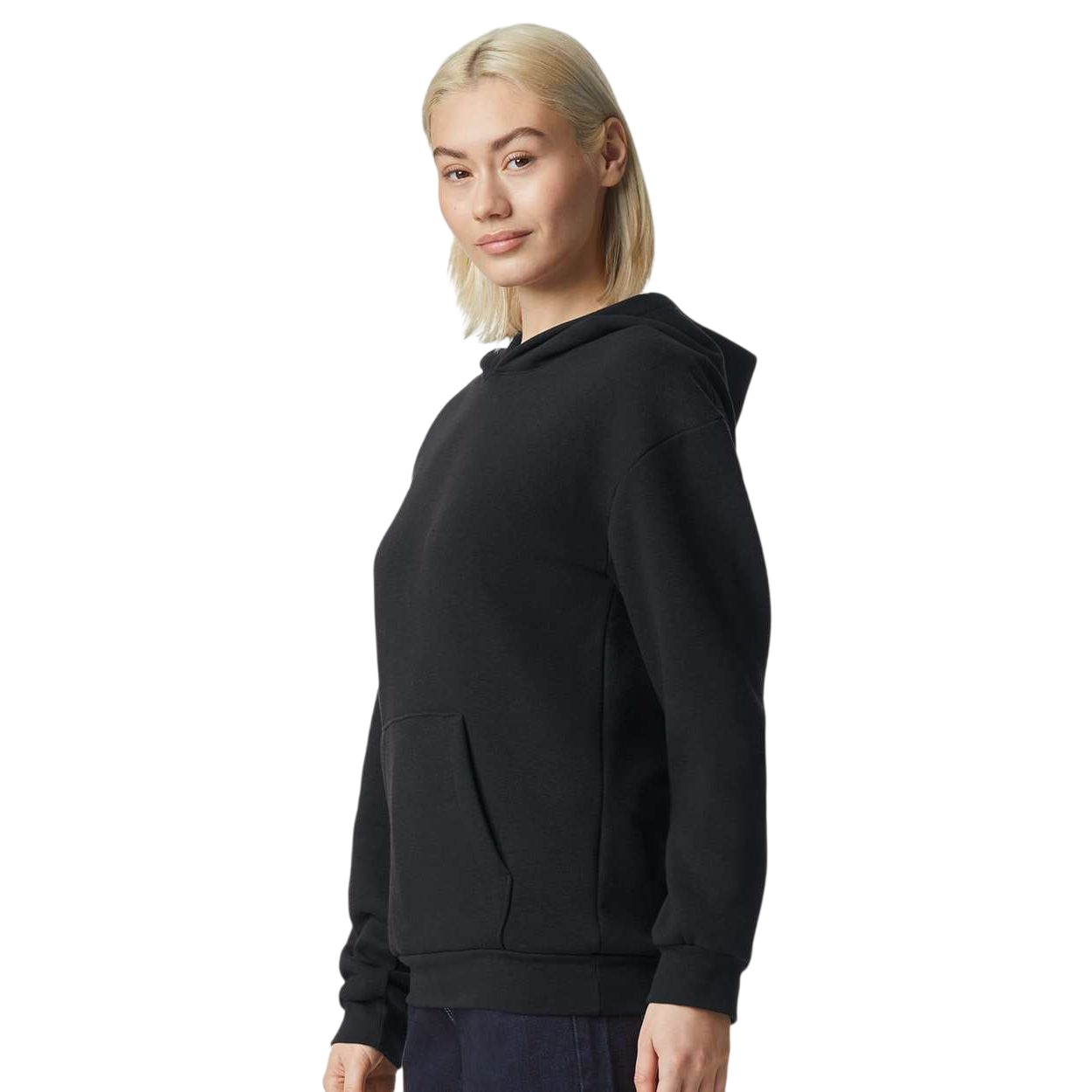 Black Unisex ReFlex Fleece Hoodie Sweatshirt, made from a soft 70/30 combed ring-spun cotton and recycled polyester blend, featuring a relaxed fit, drawcord-free unlined hood, oversized front pouch pocket, ribbed cuffs and waistband, and smooth cotton face designed for comfortable everyday wear and custom branding or promotional use.