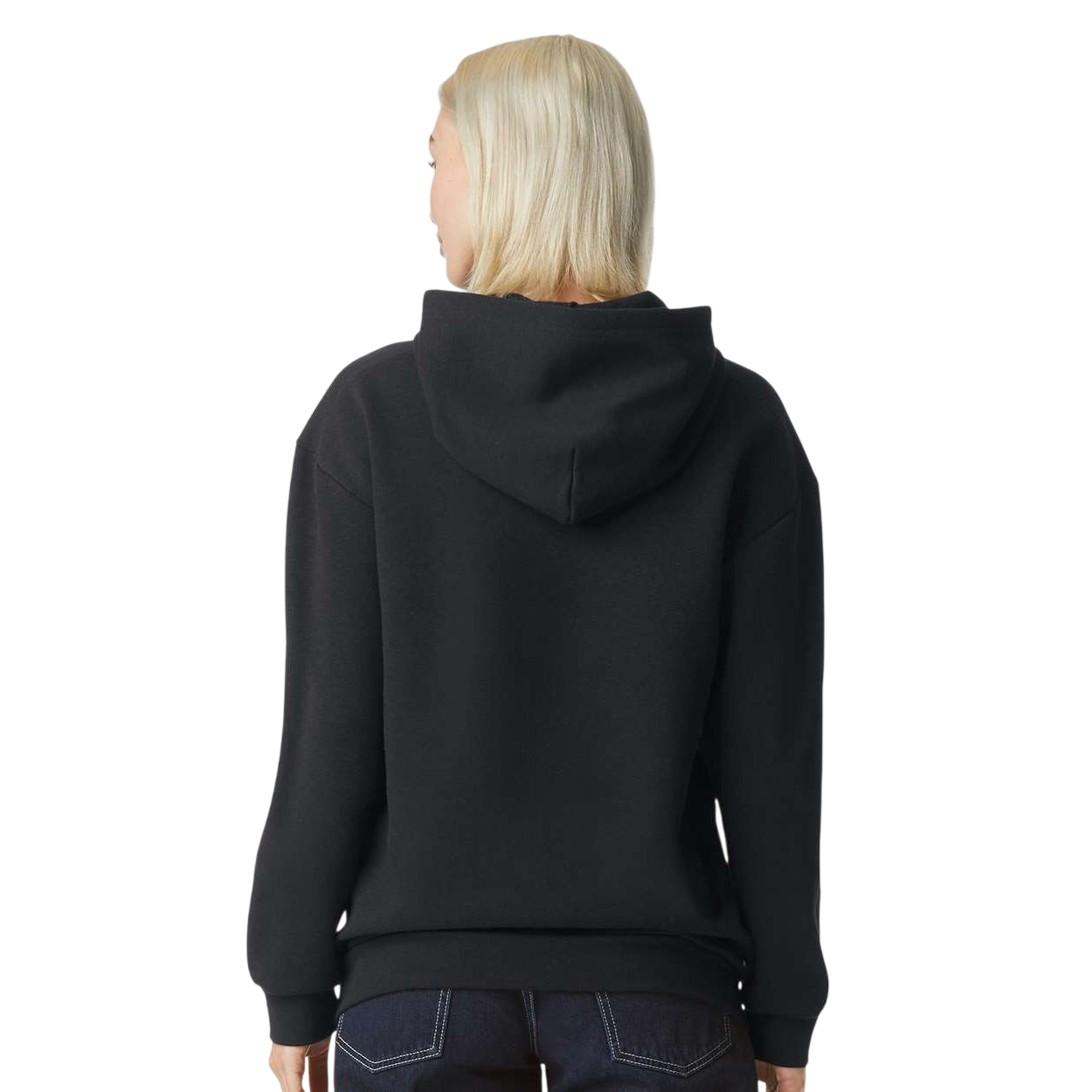 Black Unisex ReFlex Fleece Hoodie Sweatshirt, made from a soft 70/30 combed ring-spun cotton and recycled polyester blend, featuring a relaxed fit, drawcord-free unlined hood, oversized front pouch pocket, ribbed cuffs and waistband, and smooth cotton face designed for comfortable everyday wear and custom branding or promotional use.