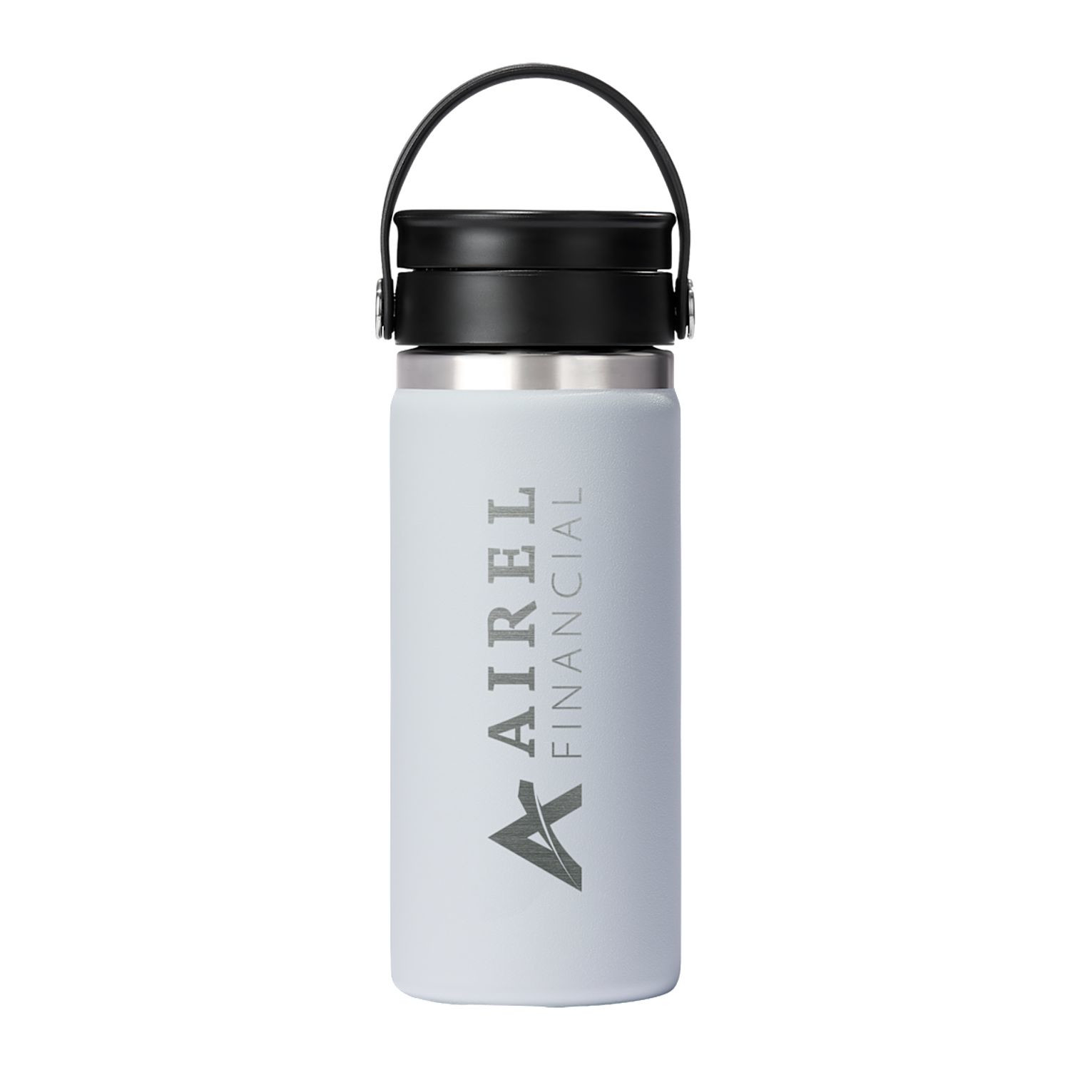White insulated stainless steel bottle with leakproof Flex Sip lid, wide-mouth opening, double-wall vacuum insulation, and durable powder-coated finish for hot and cold beverages.