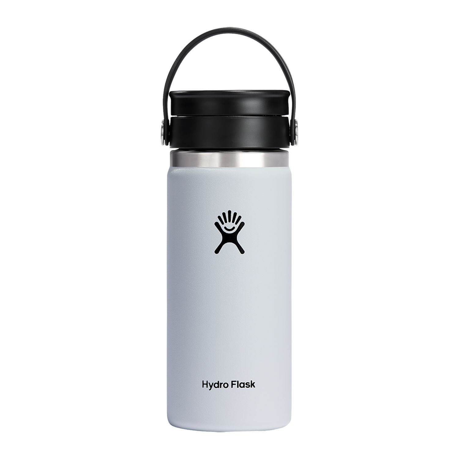 White insulated stainless steel bottle with leakproof Flex Sip lid, wide-mouth opening, double-wall vacuum insulation, and durable powder-coated finish for hot and cold beverages.
