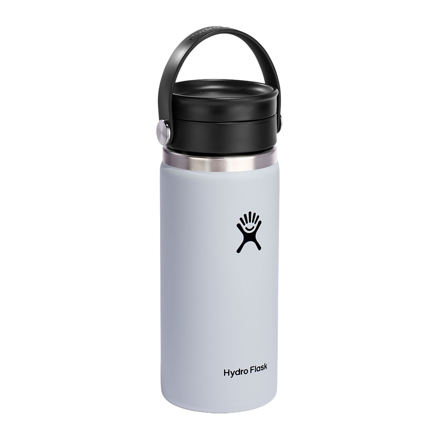 White insulated stainless steel bottle with leakproof Flex Sip lid, wide-mouth opening, double-wall vacuum insulation, and durable powder-coated finish for hot and cold beverages.