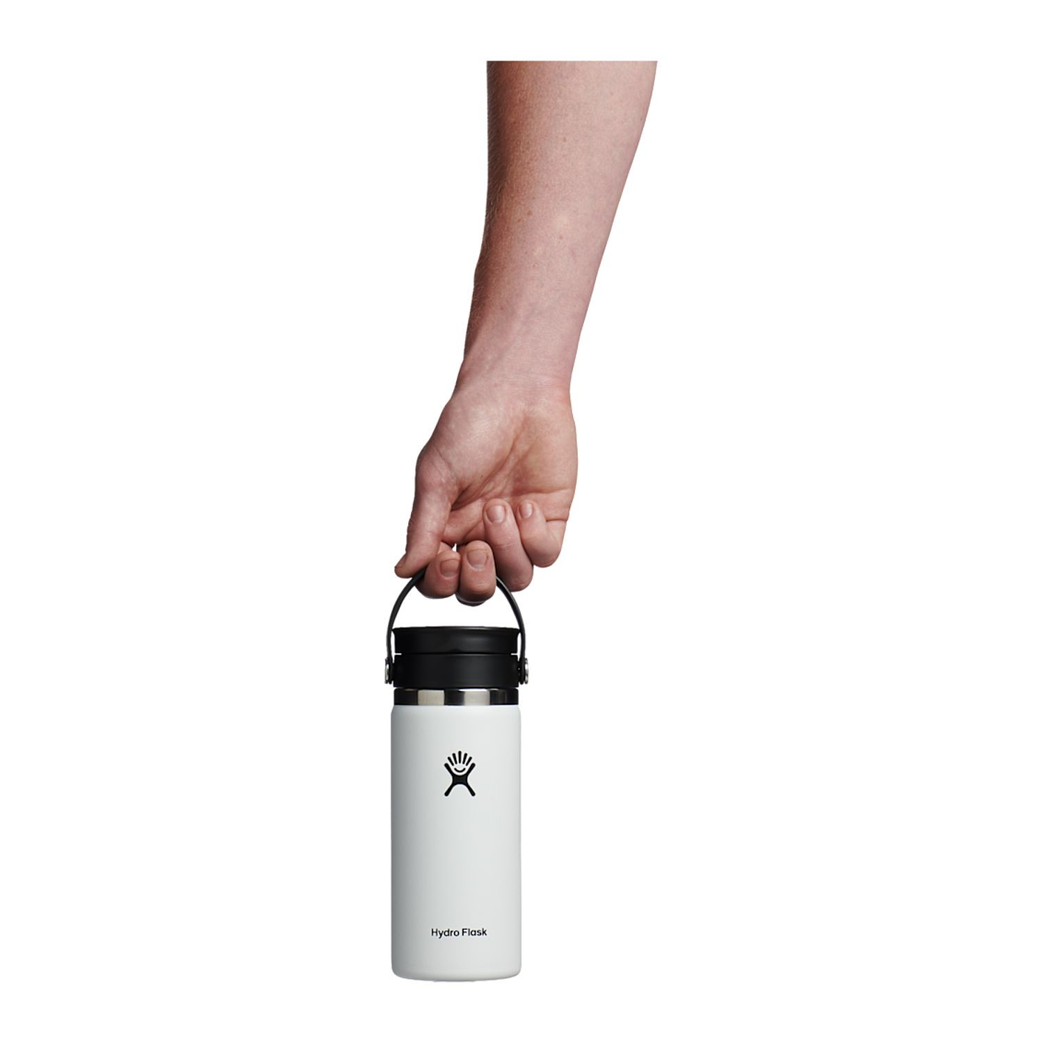 White insulated stainless steel bottle with leakproof Flex Sip lid, wide-mouth opening, double-wall vacuum insulation, and durable powder-coated finish for hot and cold beverages.