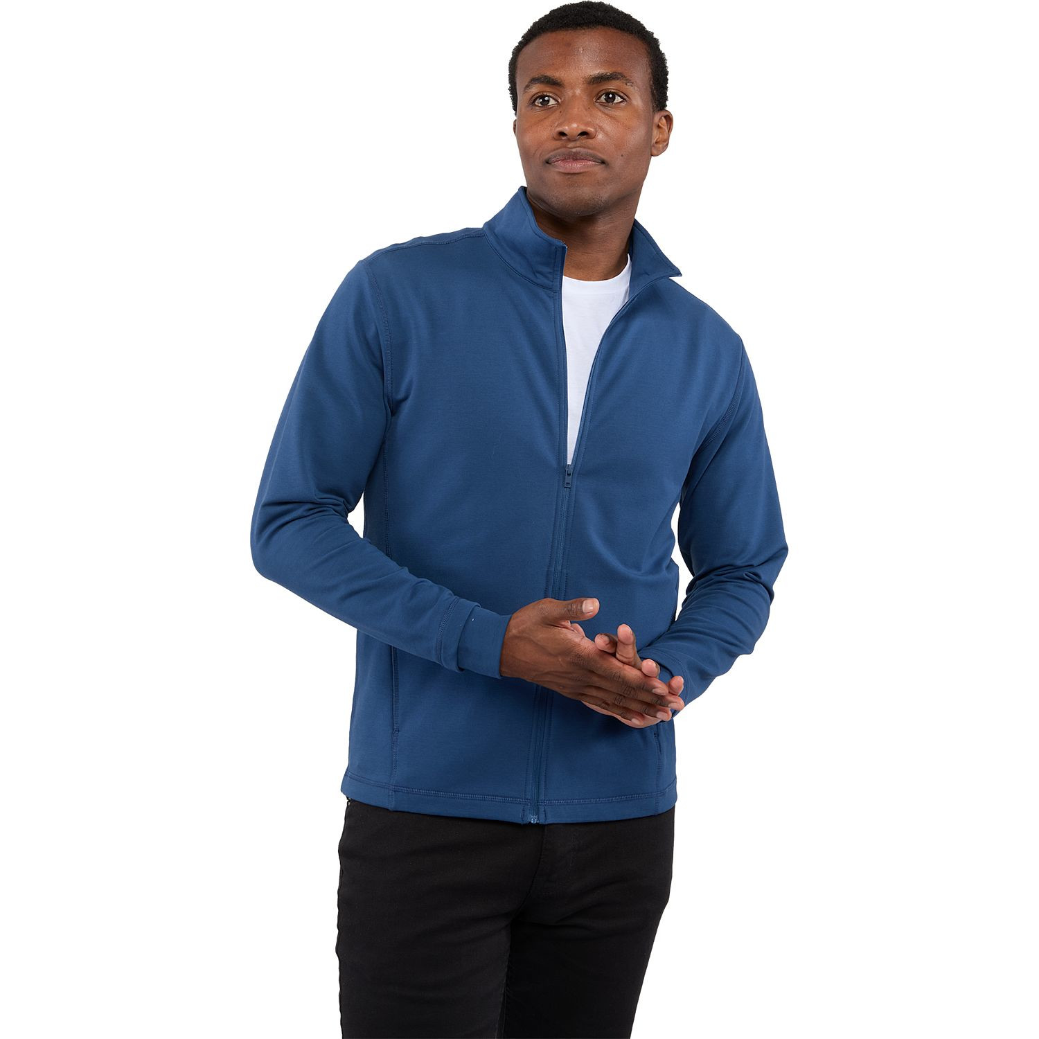 River Blue men's lightweight full-zip jacket made from BCI cotton, recycled polyester, and spandex French terry fabric with a stand collar, long sleeves, full-front zipper, and comfortable stretch fit for everyday wear or active lifestyles.