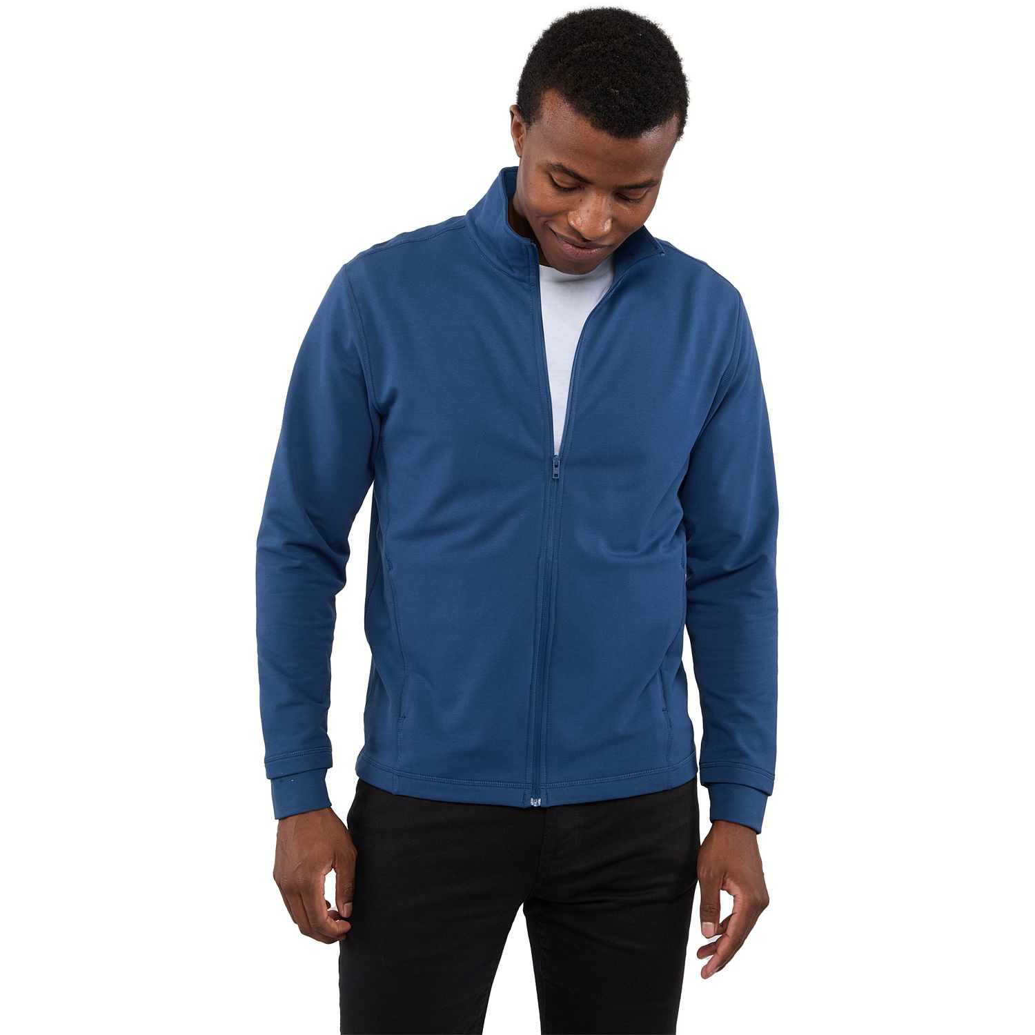 River Blue men's lightweight full-zip jacket made from BCI cotton, recycled polyester, and spandex French terry fabric with a stand collar, long sleeves, full-front zipper, and comfortable stretch fit for everyday wear or active lifestyles.