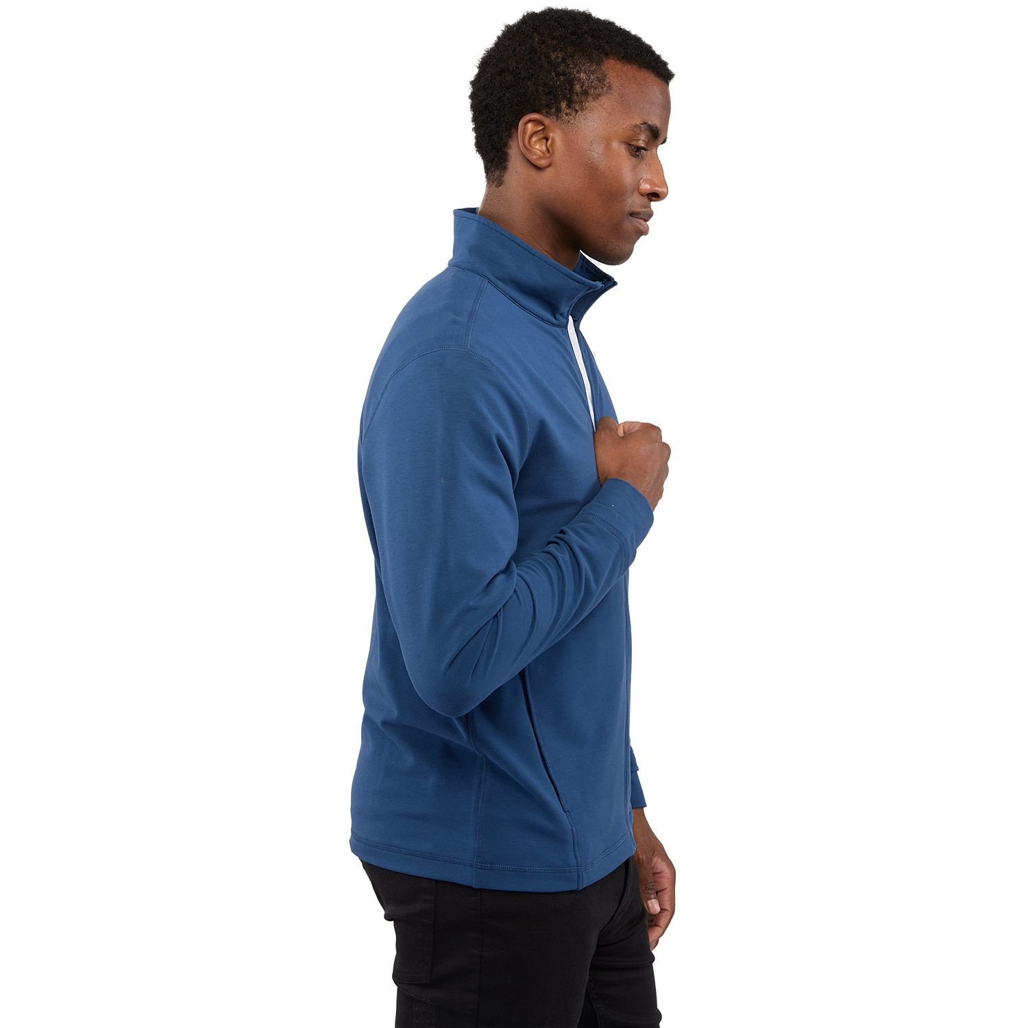 River Blue men's lightweight full-zip jacket made from BCI cotton, recycled polyester, and spandex French terry fabric with a stand collar, long sleeves, full-front zipper, and comfortable stretch fit for everyday wear or active lifestyles.
