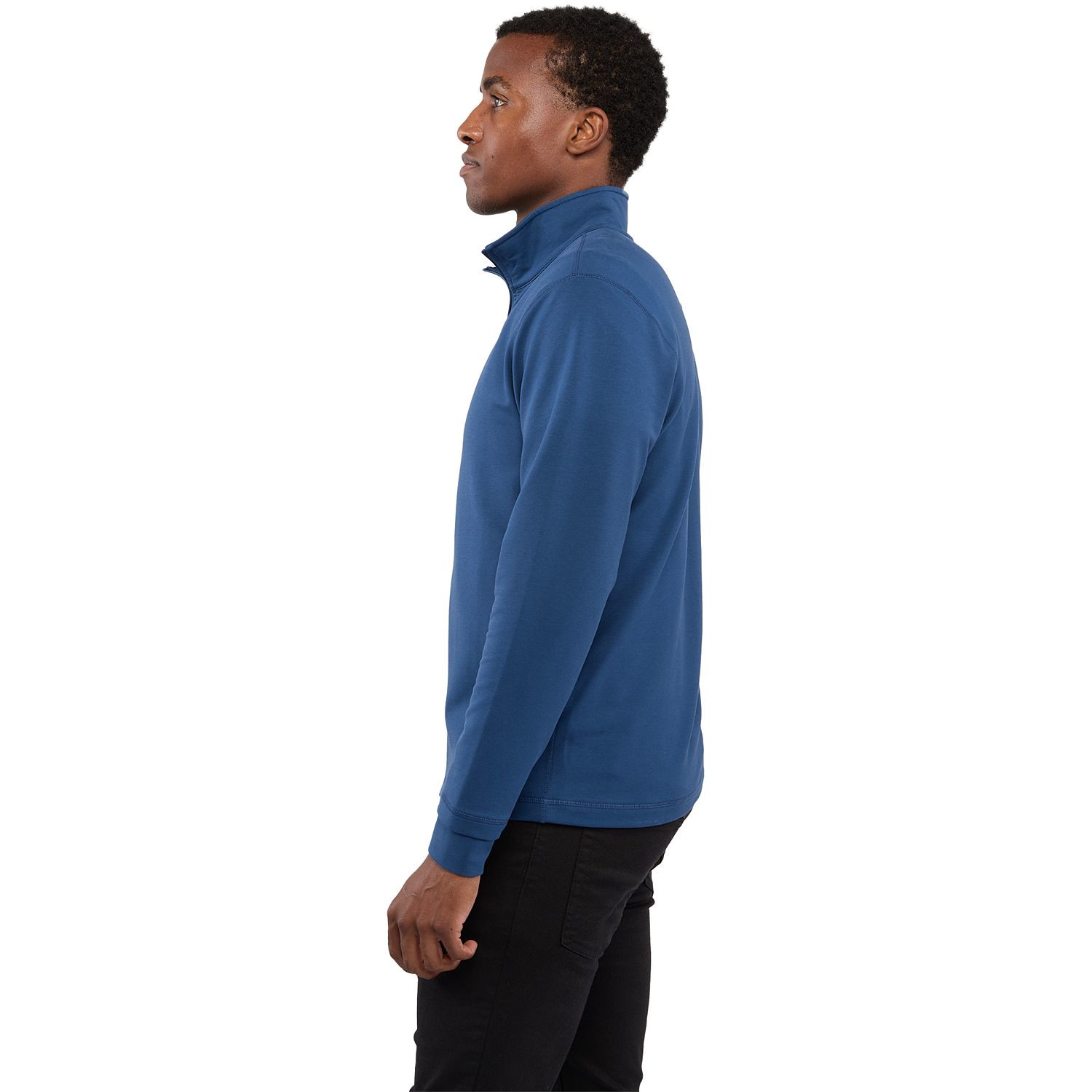 River Blue men's lightweight full-zip jacket made from BCI cotton, recycled polyester, and spandex French terry fabric with a stand collar, long sleeves, full-front zipper, and comfortable stretch fit for everyday wear or active lifestyles.