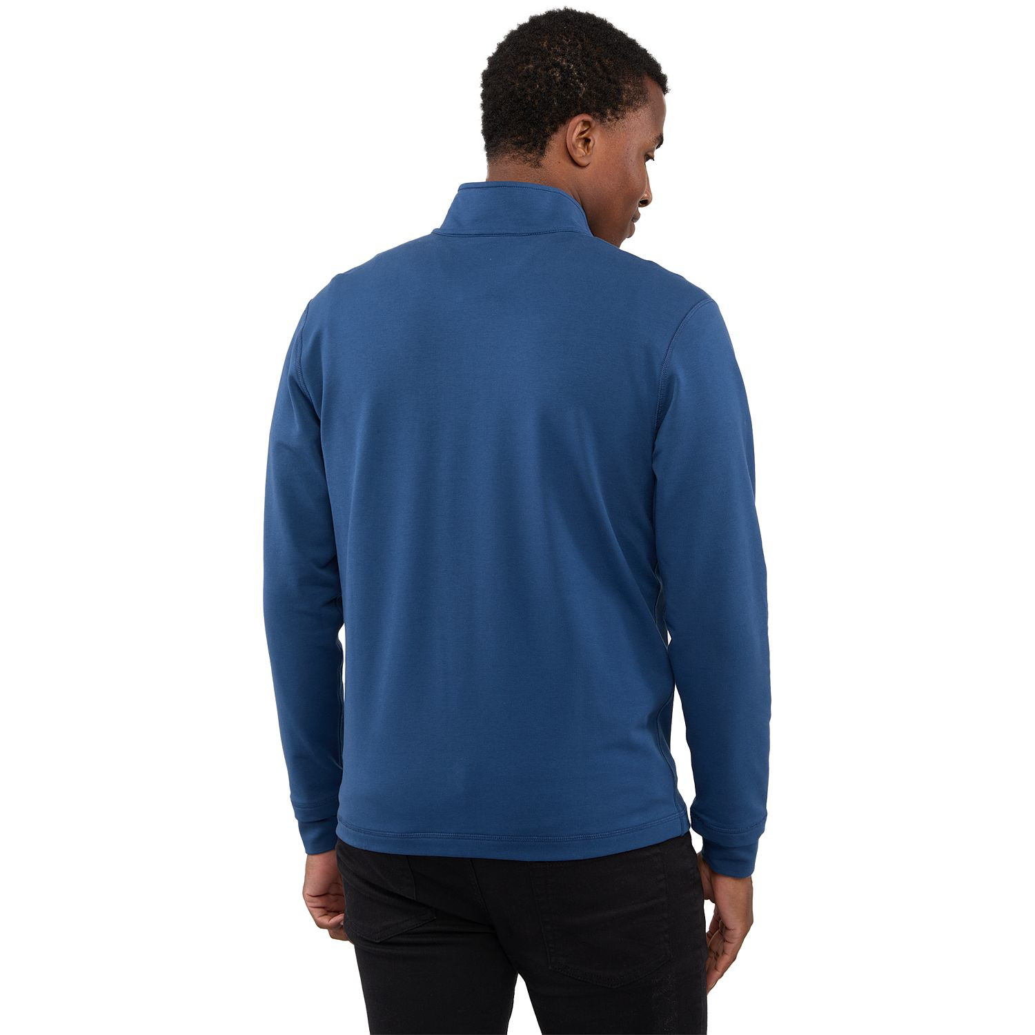 River Blue men's lightweight full-zip jacket made from BCI cotton, recycled polyester, and spandex French terry fabric with a stand collar, long sleeves, full-front zipper, and comfortable stretch fit for everyday wear or active lifestyles.