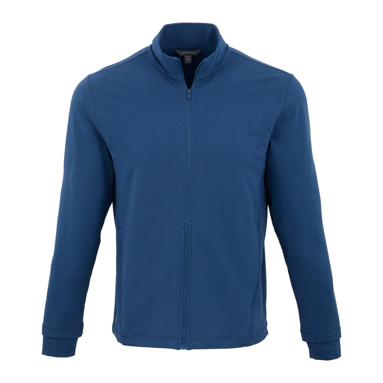 River Blue men's lightweight full-zip jacket made from BCI cotton, recycled polyester, and spandex French terry fabric with a stand collar, long sleeves, full-front zipper, and comfortable stretch fit for everyday wear or active lifestyles.