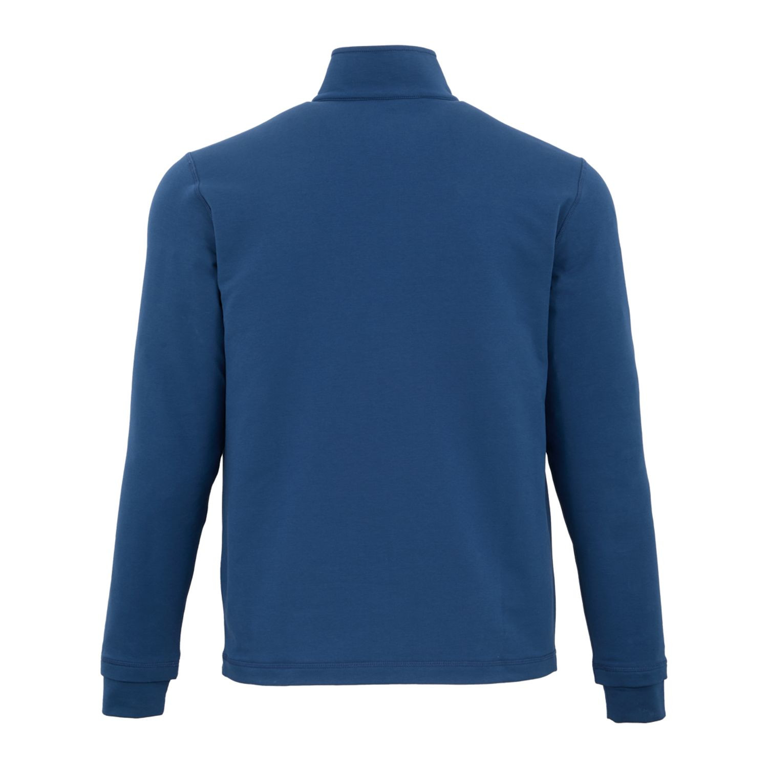 River Blue men's lightweight full-zip jacket made from BCI cotton, recycled polyester, and spandex French terry fabric with a stand collar, long sleeves, full-front zipper, and comfortable stretch fit for everyday wear or active lifestyles.