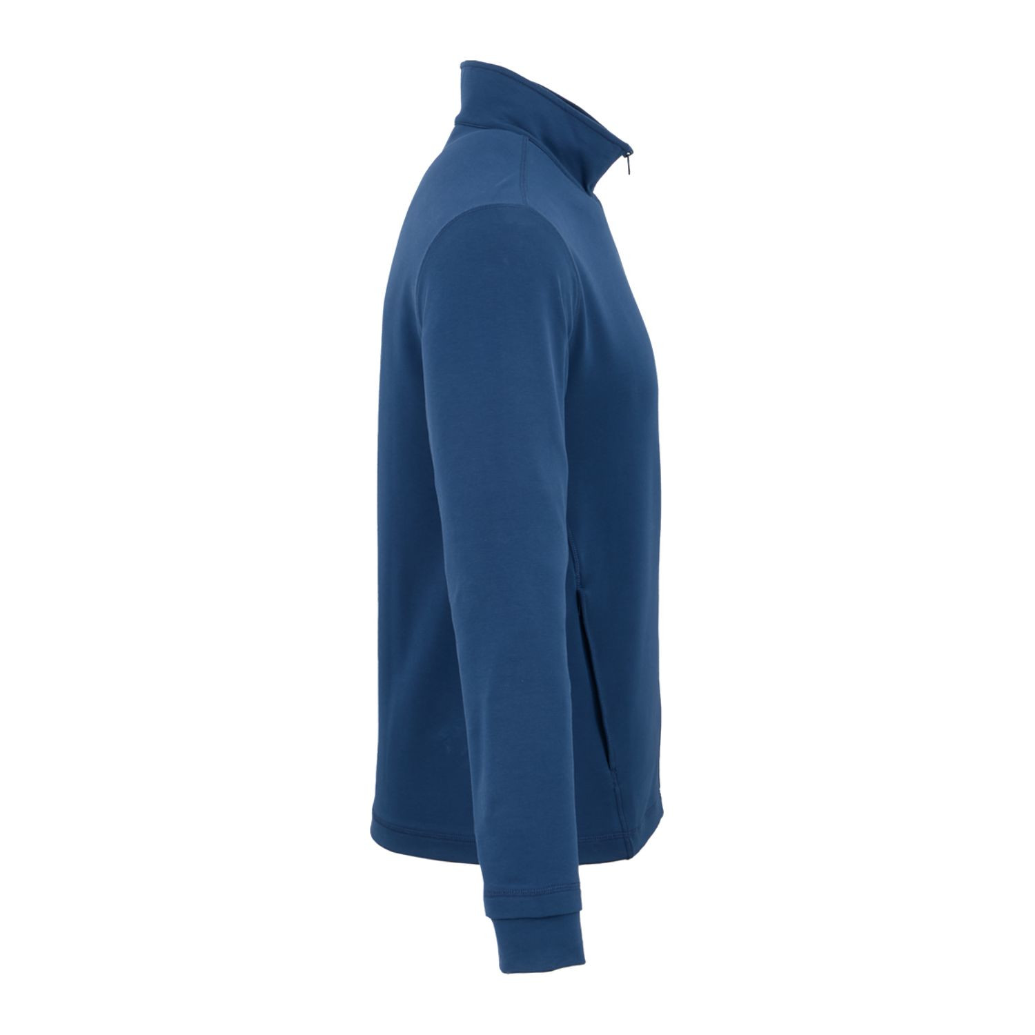 River Blue men's lightweight full-zip jacket made from BCI cotton, recycled polyester, and spandex French terry fabric with a stand collar, long sleeves, full-front zipper, and comfortable stretch fit for everyday wear or active lifestyles.