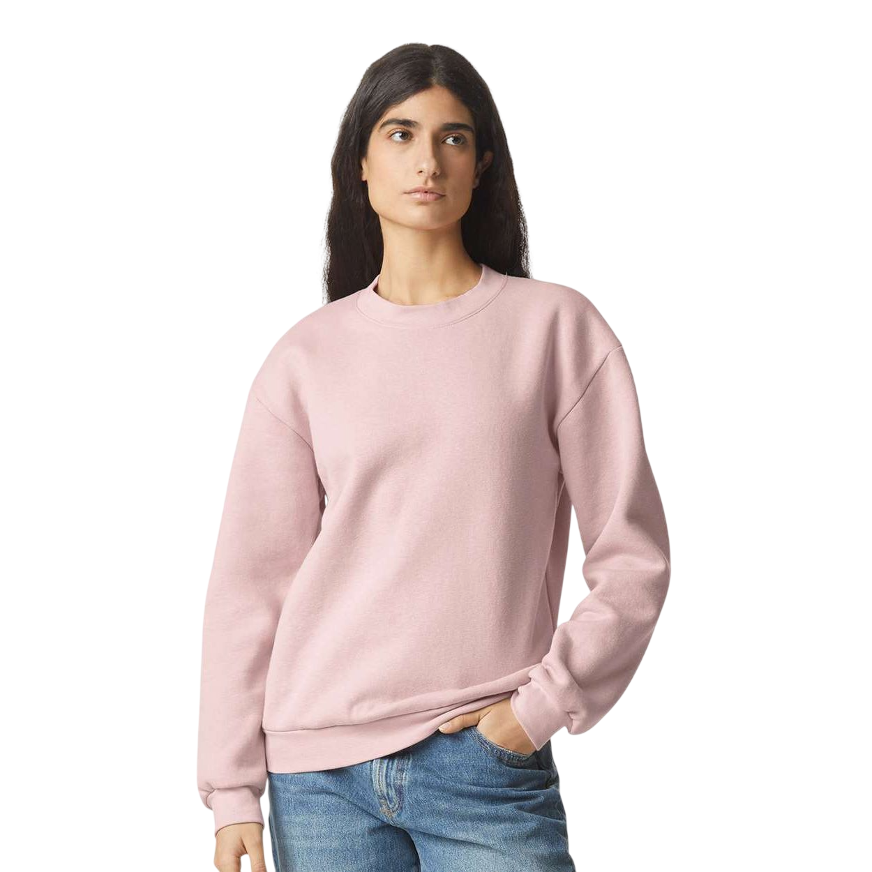 Blush American Apparel Unisex ReFlex Fleece Crewneck Sweatshirt, relaxed-fit crewneck sweatshirt made from soft cotton and recycled polyester fleece, featuring ribbed cuffs and waistband, dropped shoulder seams, and a smooth surface suitable for custom branding, team apparel, and casual wear.