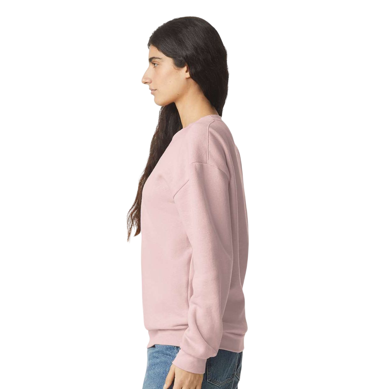 Blush American Apparel Unisex ReFlex Fleece Crewneck Sweatshirt, relaxed-fit crewneck sweatshirt made from soft cotton and recycled polyester fleece, featuring ribbed cuffs and waistband, dropped shoulder seams, and a smooth surface suitable for custom branding, team apparel, and casual wear.