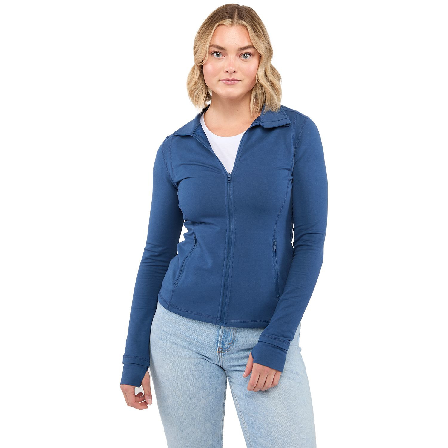 River Blue women's lightweight full-zip jacket made from BCI cotton, recycled polyester, and spandex French terry fabric with a stand collar, long sleeves, thumb holes, shaped seams, tapered waist, and comfortable stretch fit for active or everyday wear.