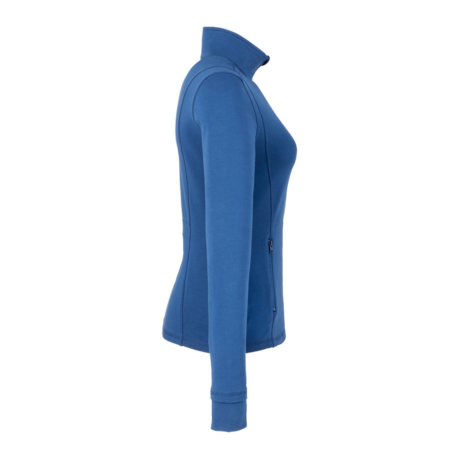 River Blue women's lightweight full-zip jacket made from BCI cotton, recycled polyester, and spandex French terry fabric with a stand collar, long sleeves, thumb holes, shaped seams, tapered waist, and comfortable stretch fit for active or everyday wear.