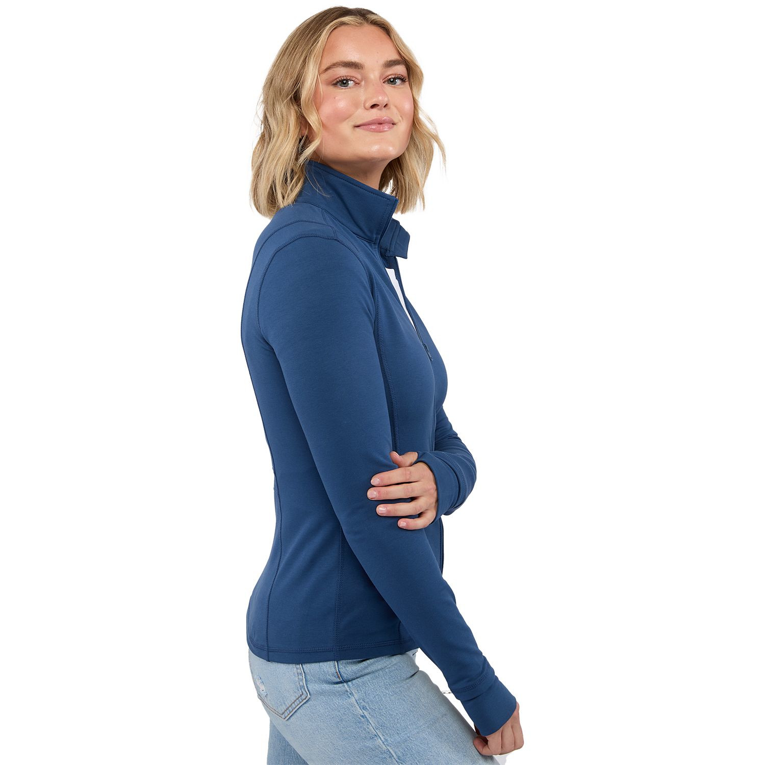 River Blue women's lightweight full-zip jacket made from BCI cotton, recycled polyester, and spandex French terry fabric with a stand collar, long sleeves, thumb holes, shaped seams, tapered waist, and comfortable stretch fit for active or everyday wear.