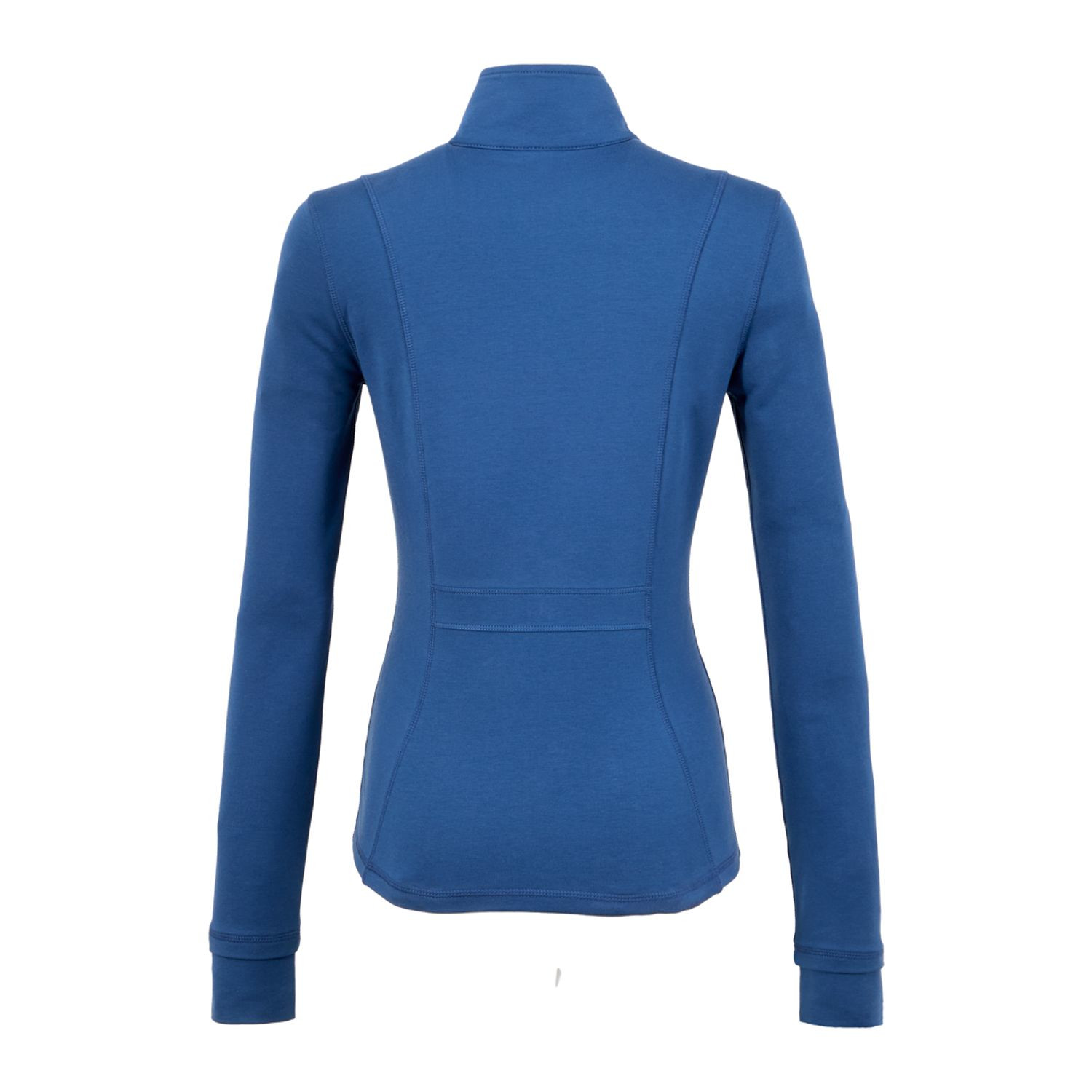 River Blue women's lightweight full-zip jacket made from BCI cotton, recycled polyester, and spandex French terry fabric with a stand collar, long sleeves, thumb holes, shaped seams, tapered waist, and comfortable stretch fit for active or everyday wear.