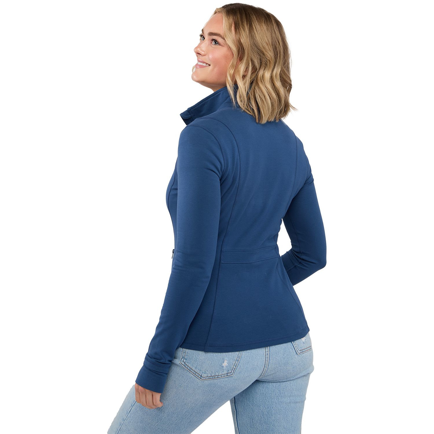 River Blue women's lightweight full-zip jacket made from BCI cotton, recycled polyester, and spandex French terry fabric with a stand collar, long sleeves, thumb holes, shaped seams, tapered waist, and comfortable stretch fit for active or everyday wear.