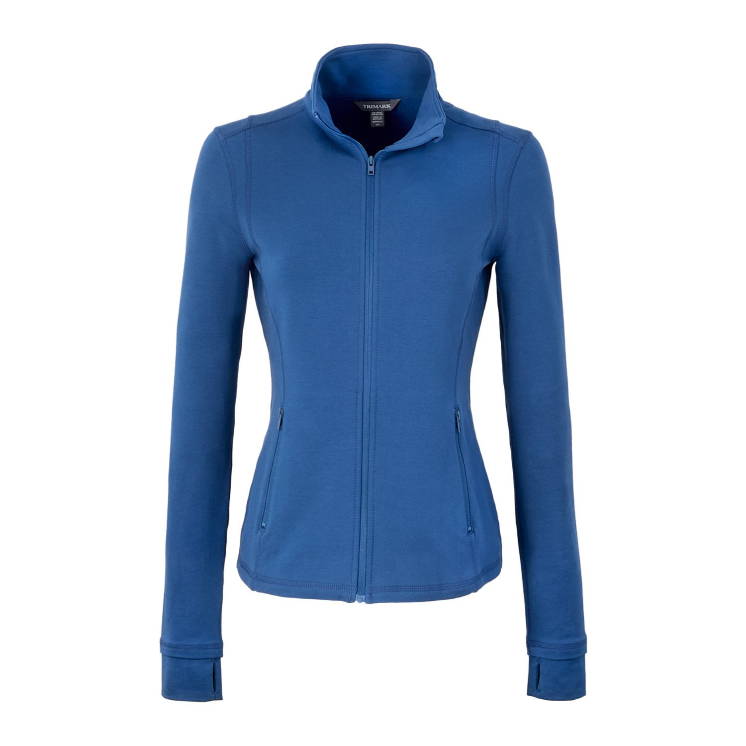 River Blue women's lightweight full-zip jacket made from BCI cotton, recycled polyester, and spandex French terry fabric with a stand collar, long sleeves, thumb holes, shaped seams, tapered waist, and comfortable stretch fit for active or everyday wear.