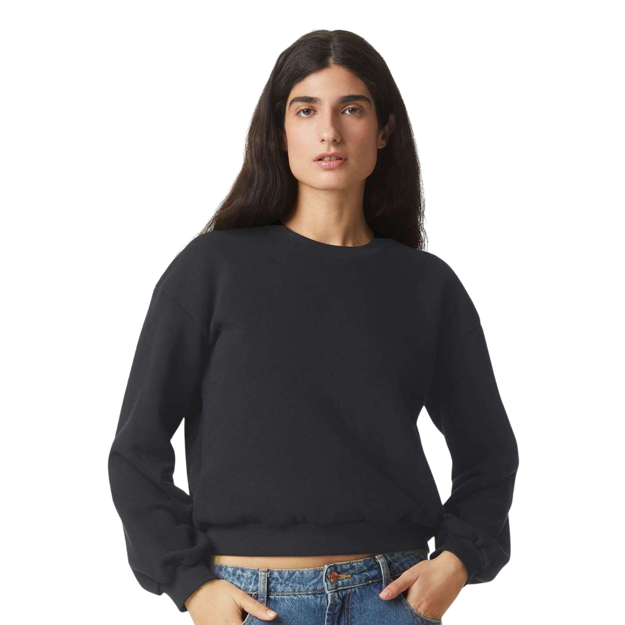 Black American Apparel Women's ReFlex Fleece Crewneck Sweatshirt with a cropped boxy silhouette, balloon sleeves, and lightweight cotton-blend fleece construction for everyday wear and customization.