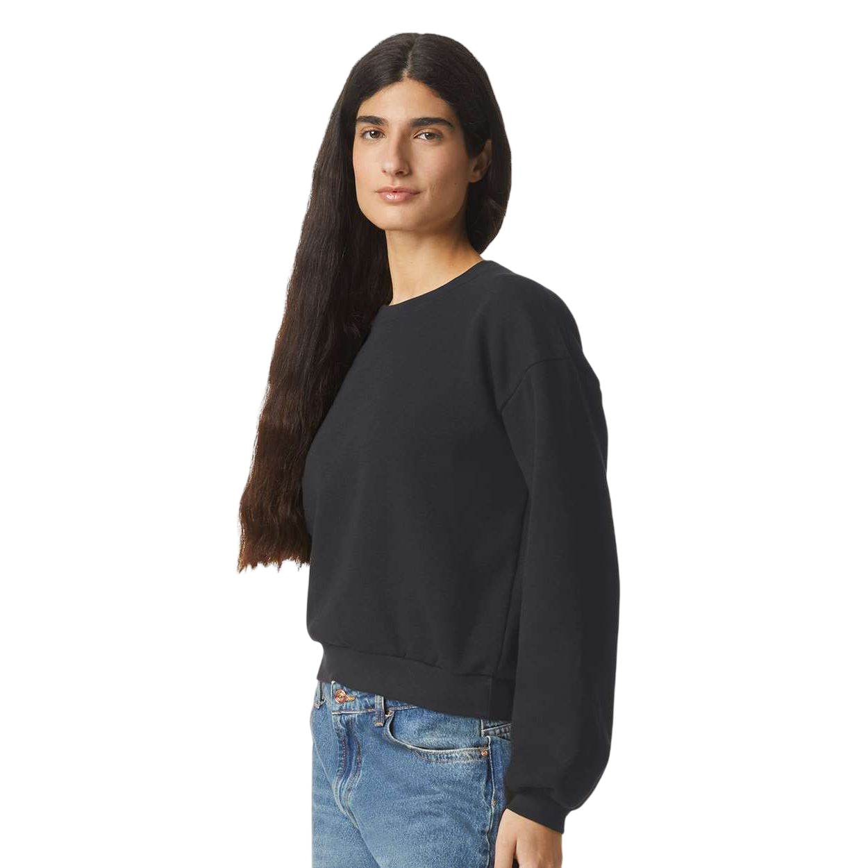 Black American Apparel Women's ReFlex Fleece Crewneck Sweatshirt with a cropped boxy silhouette, balloon sleeves, and lightweight cotton-blend fleece construction for everyday wear and customization.